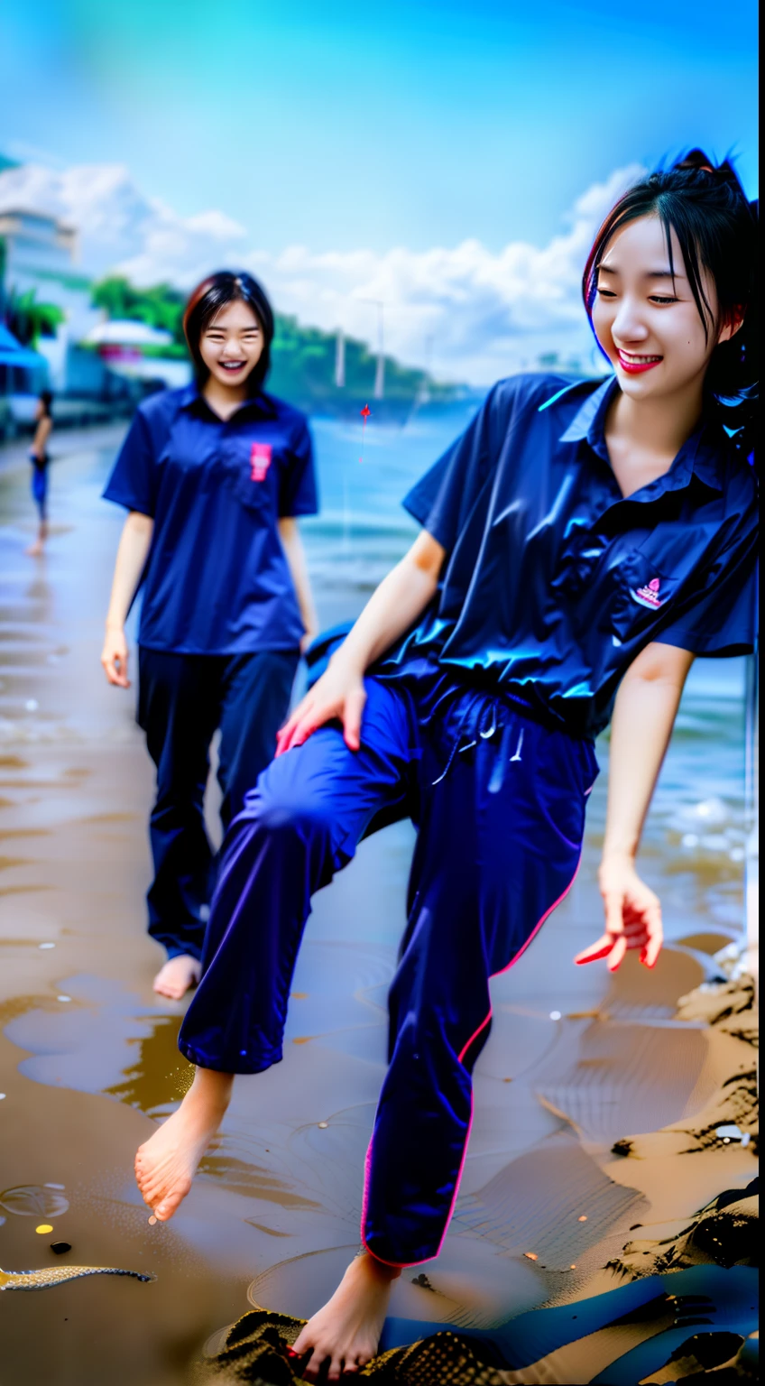((1 cute girl funny jump in the beach:1.5)),(wide shot:1.3),Field of view,Look at the distance....,opened mouth.,Smile and be happy....
,18yo, Ponytail, Perfect body, Correct body, ((Correct anatomy:1.37))
, Full body,((barefoot:1.36))
,(peformth:1.5), ((pink shirt:1.1)),short sleeves, untucked,(roll_navy_long_tracing :1.3),((Pants Roll:1.3))
, ((beach background:1.39)), Shapely, mannequin mannequins, Slim body,masterpiece, bestquality, ultra realistic, hyper-detail, 8k resolution, RAW photo, crisp focus, (2 girls in a café), ((Navy blue shirt:1.1)), short sleeves, Long Track, Perfect body, 2 mature women, 18yo, cinematic light
