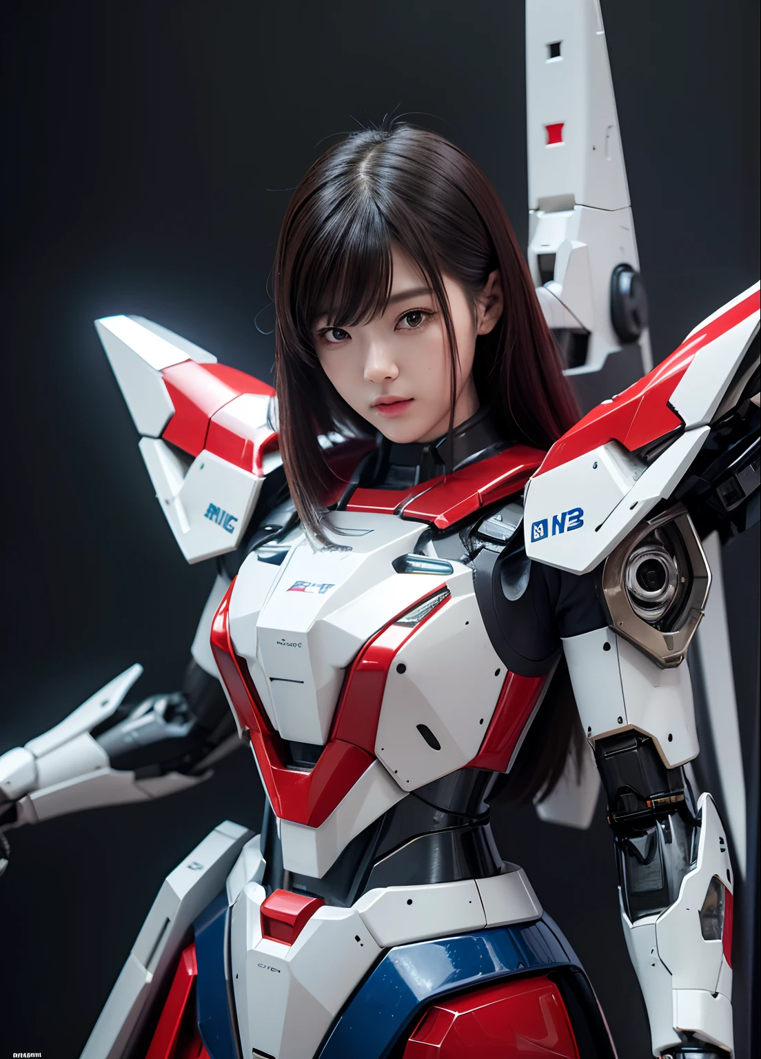 Textured skin, Super Detail, high details, High quality, Best Quality, hight resolution, 1080p, hard disk, Beautiful,(Gundam),beautiful cyborg woman,Mecha Cyborg Girl,Battle Mode,Girl with a Mecha Body,She wears a futuristic Gundam mecha,Fulll body Shot