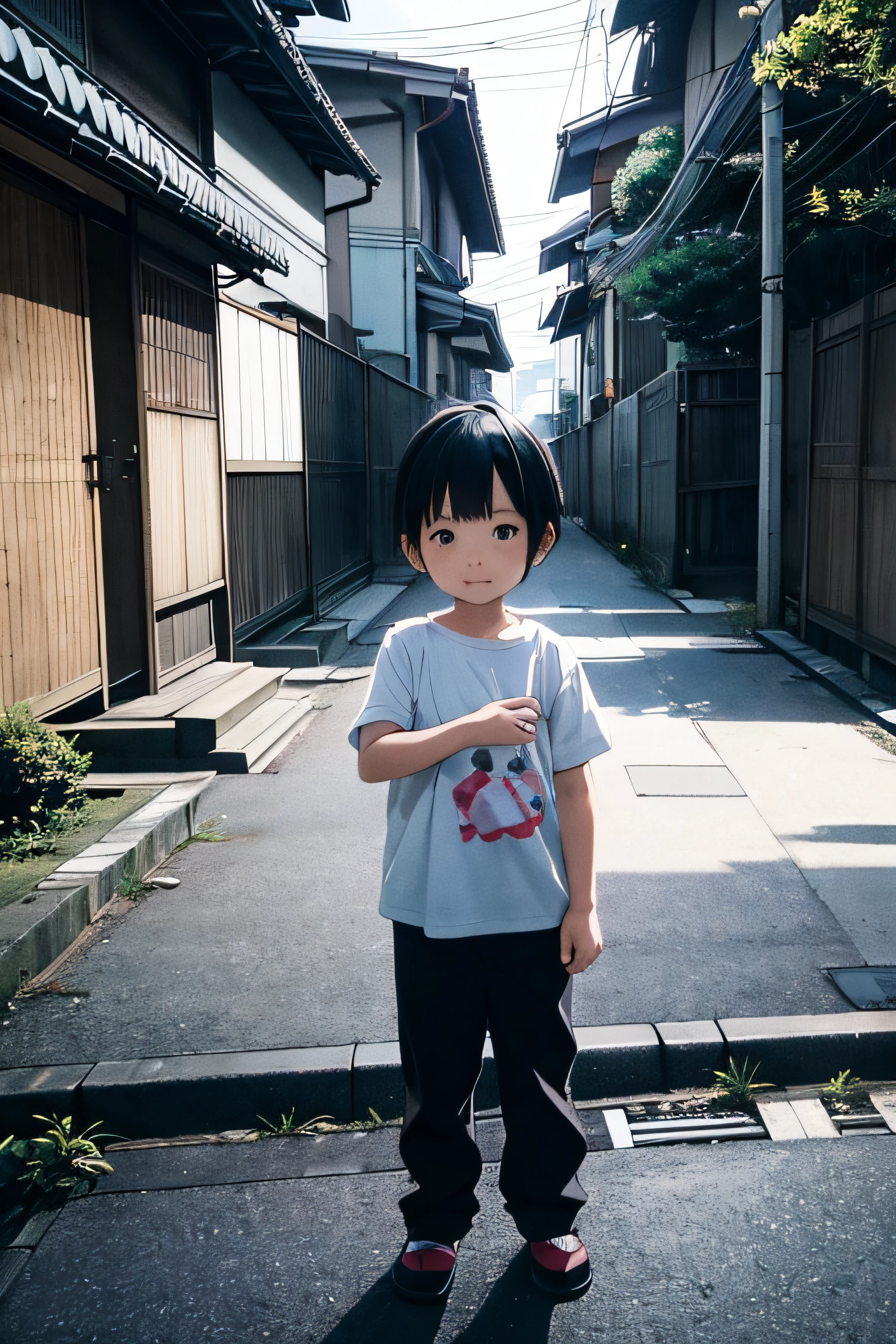 Image of a one-year-old boy standing in the garden, toddlers、childish、male child、japanese horror movie footage, vintage footage on tokyo streets, chiho, 80's japanese photo, 90s japan, who was born in tokyo in 1964, inio asano,, Lost Footage