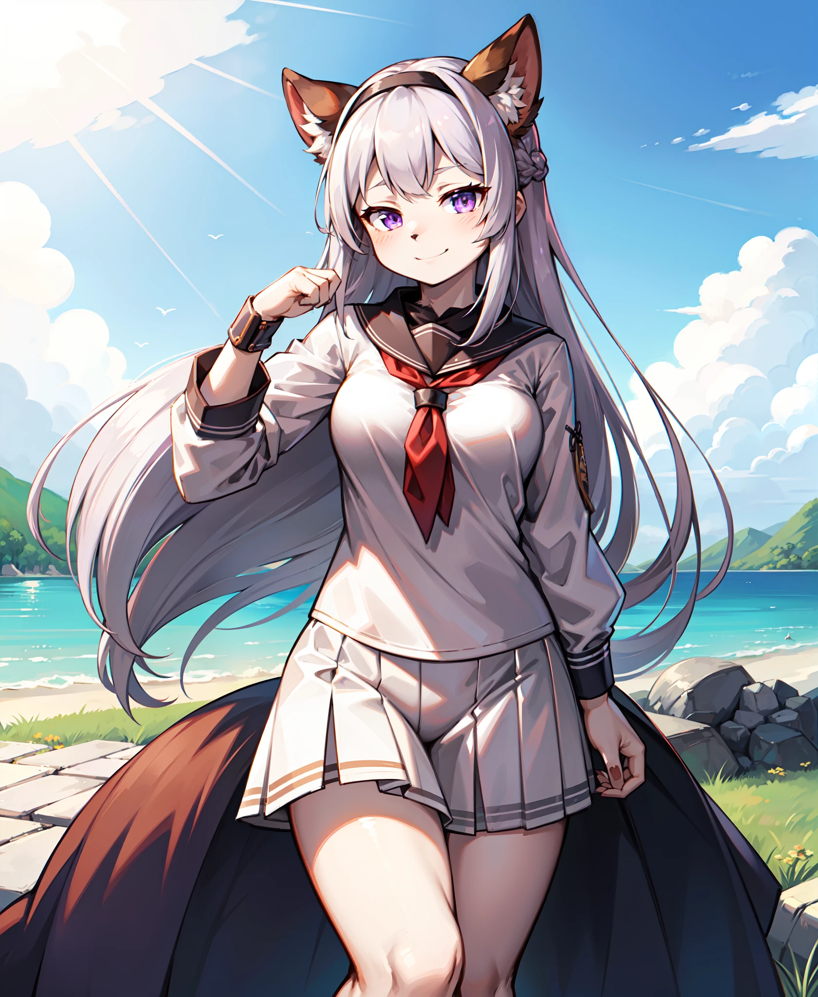 (furry female:1.2), (furry:1.2), (body fur:1.16), anthro, tail, 1girl, animal_on_arm, bangs, bird, bird_on_arm, cloud, crow, day, eye_contact, floating_hair, hairband, izumo, izumo_2, kitagawa_mai, light_smile, long_hair, long_sleeves, looking_at_another, neckerchief, official_art, outdoors, purple_eyes, scan, scan_artifacts, school_uniform, serafuku, shirt, silver_hair, sky, sleeve_cuffs, smile, solo, very_long_hair, white_shirt, yamamoto_kazue, yatarou_(izumo)