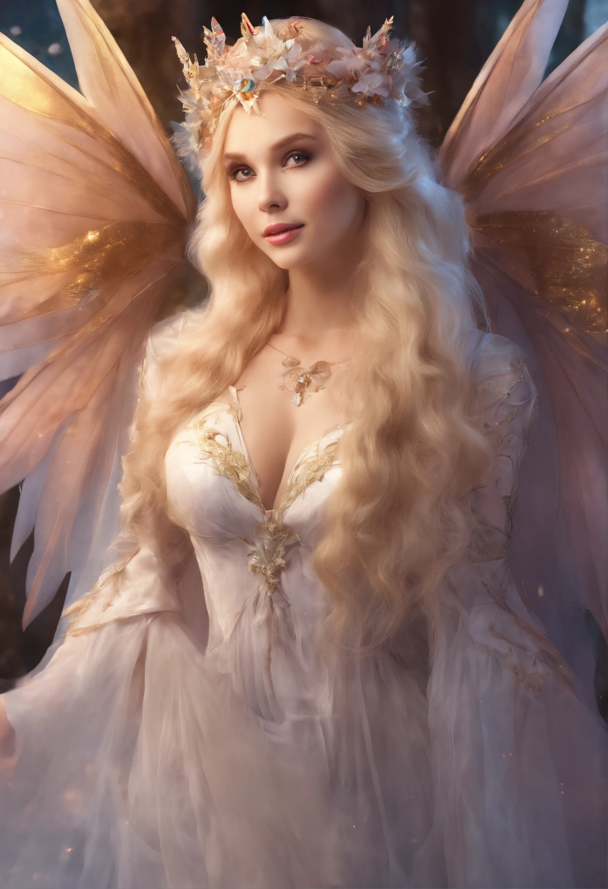 (woman),(perfect face),(long blonde hair),(elf ears),(small smiling mouth),(happy face),(huge breasts),(huge fairy wings),(perfect waist 0.8), (medieval clothes),(fairy tale style),(80s fairy tale style)