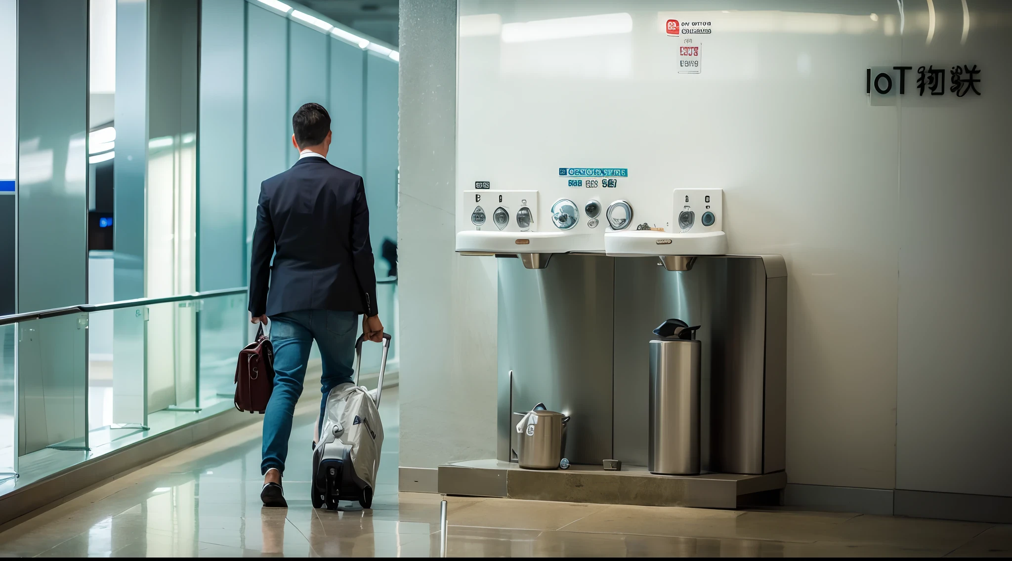 A man walks through the airport terminal with his luggage，an award winning masterpiece，Drinking fountain