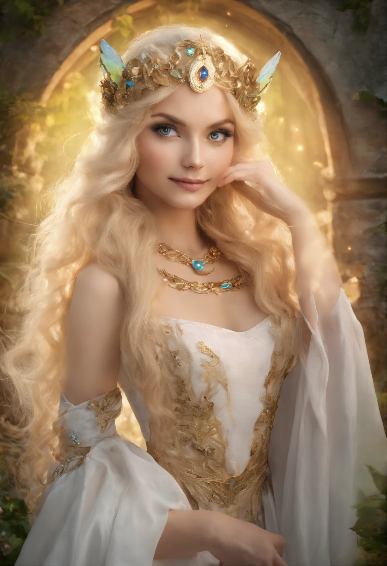 (woman),(perfect face),(long blonde hair),(elf ears),(small smiling mouth),(happy face),(huge breasts),(huge fairy wings),(perfect waist 0.8), (medieval clothes),(fairy tale style),(80s fairy tale style)