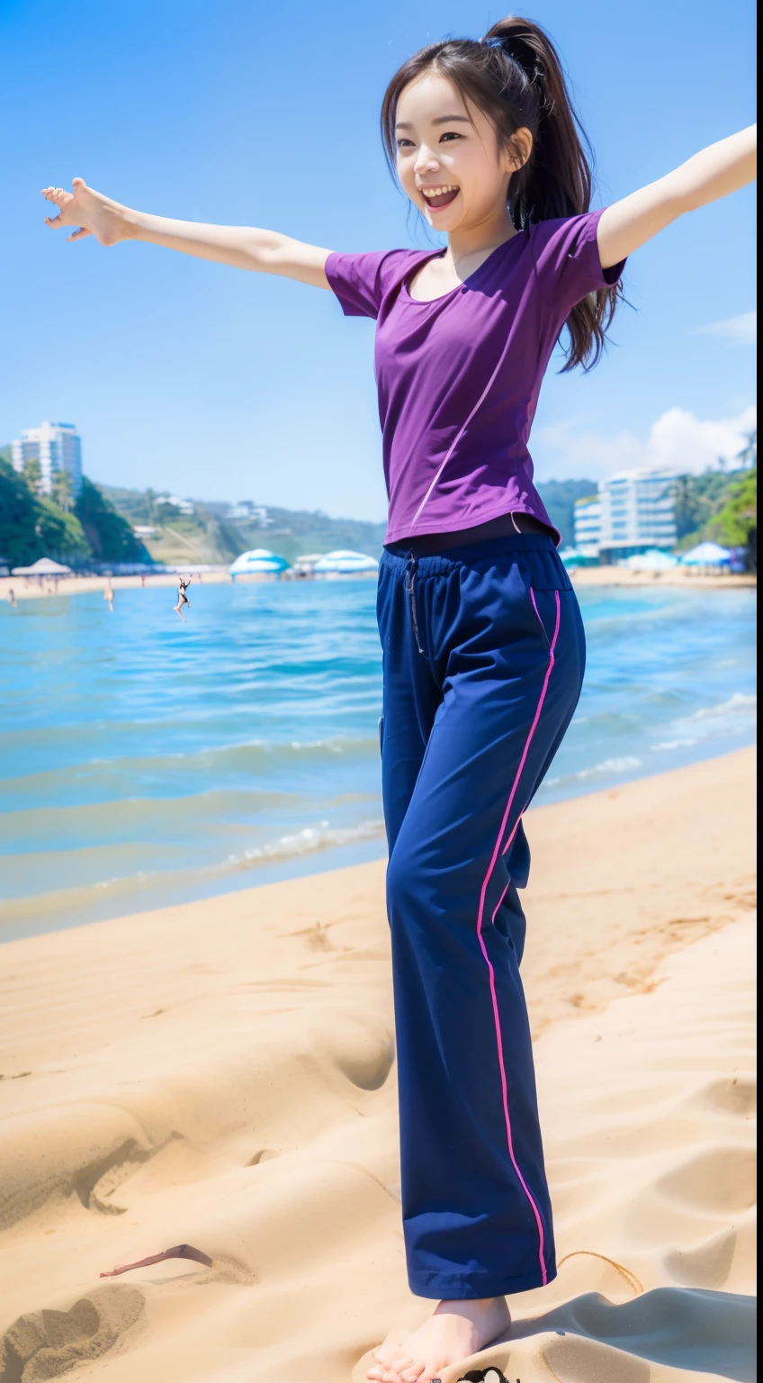 ((1 cute girl funny jump in the beach:1.5)),(wide shot:1.3),Field of view,Look at the distance...,opened mouth.,Smile and be happy...
,18yo, Ponytail, Perfect body, Correct body, ((Correct anatomy:1.37))
, Full body,((barefoot:1.36))
,(peformth:1.5), ((pink shirt:1.1)),short sleeves, untucked,(roll_navy_long_tracing :1.3),((Pants Roll:1.3))
, ((beach background:1.39)), Shapely, mannequin mannequins, Slim body