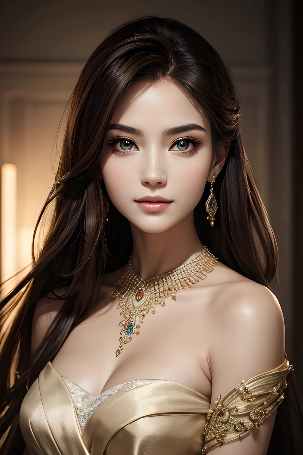(master piece, top quality, High resolution), (hyper realistic:1.2)、detailed face、beautiful expression、shy smile、 (((women's armor))), (((Armor Dress Set))), (she has long black hair, cowboy shot、thin waist、navel、between legs、 bewitching、sexy mature woman、sexy、(dramatic pose)、(change pose)、(dynamic angle)、 top view、urban ruins、 background details、 (((whole body)), From above, solo、