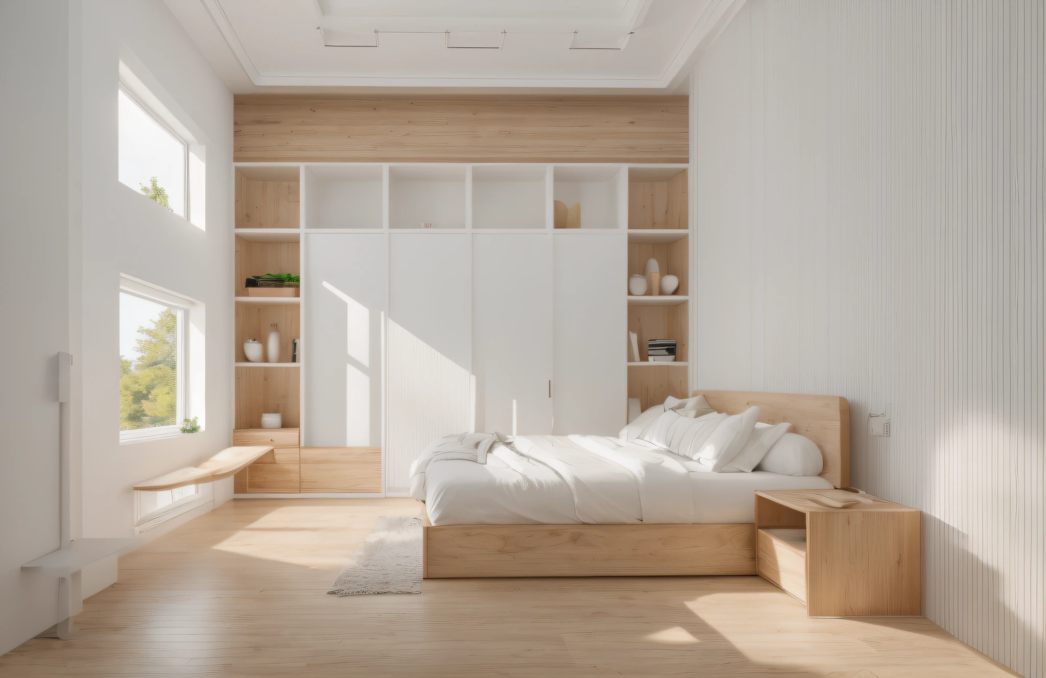 RAW photo,Masterpiece, high quality, best quality, authentic, super detail, interior,white wall, window, wooden floor, Modern style, Realistic reflexes,realistic light , vray