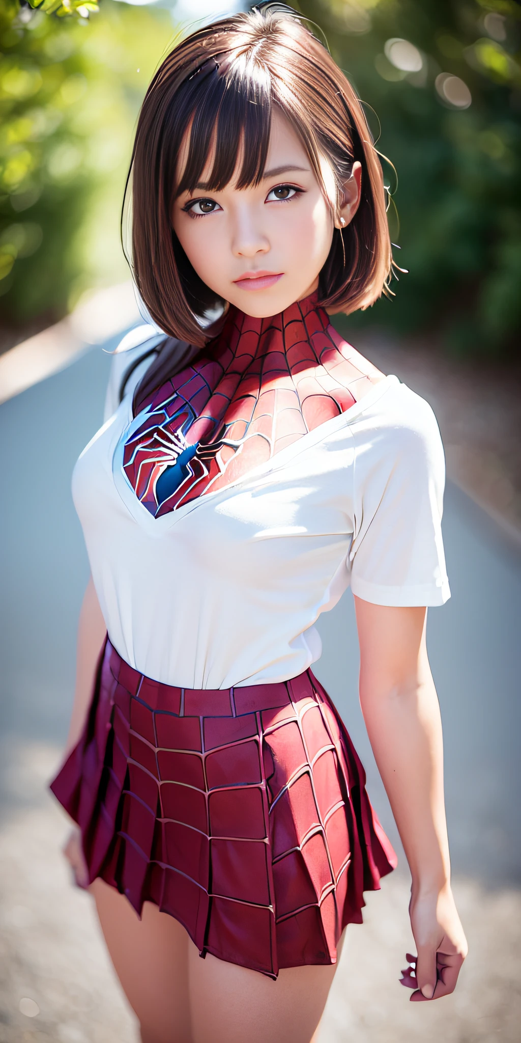 american shot, full body, (spider-man suit), nsfw, best quality, masterpiece, film grain, filming, solo1 girl, looking at viewer, natural skin texture, realistic eye and face details, full lips , lips, (makeup), red eye shadow, short messy hair, smile, open and thin legs, only 1 woman, pre-large chest, ((10% plaid miniskirt)), open white shirt, beautiful nature, around flowers, (detailed background), wide neckline on shirt, blurred background, short sleeves, jk ribbon on neck, brown hair, bracelet, water, bangs, pleated skirt, depth of field, rear side sunlight, canon camera eos 50mm, (( low front view))