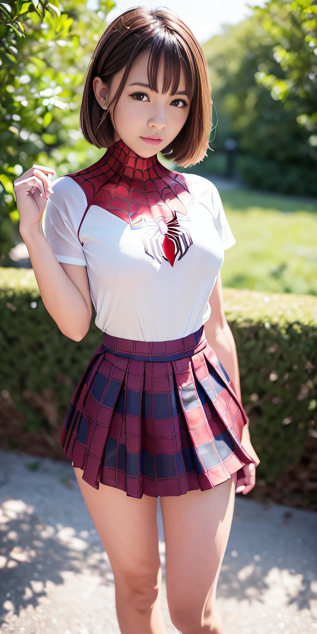 american shot, full body, (spider-man suit), nsfw, best quality, masterpiece, film grain, filming, solo1 girl, looking at viewer, natural skin texture, realistic eye and face details, full lips , lips, (makeup), red eye shadow, short messy hair, smile, open and thin legs, only 1 woman, pre-large chest, ((10% plaid miniskirt)), open white shirt, beautiful nature, around flowers, (detailed background), wide neckline on shirt, blurred background, short sleeves, jk ribbon on neck, brown hair, bracelet, water, bangs, pleated skirt, depth of field, rear side sunlight, canon camera eos 50mm, (( low front view))