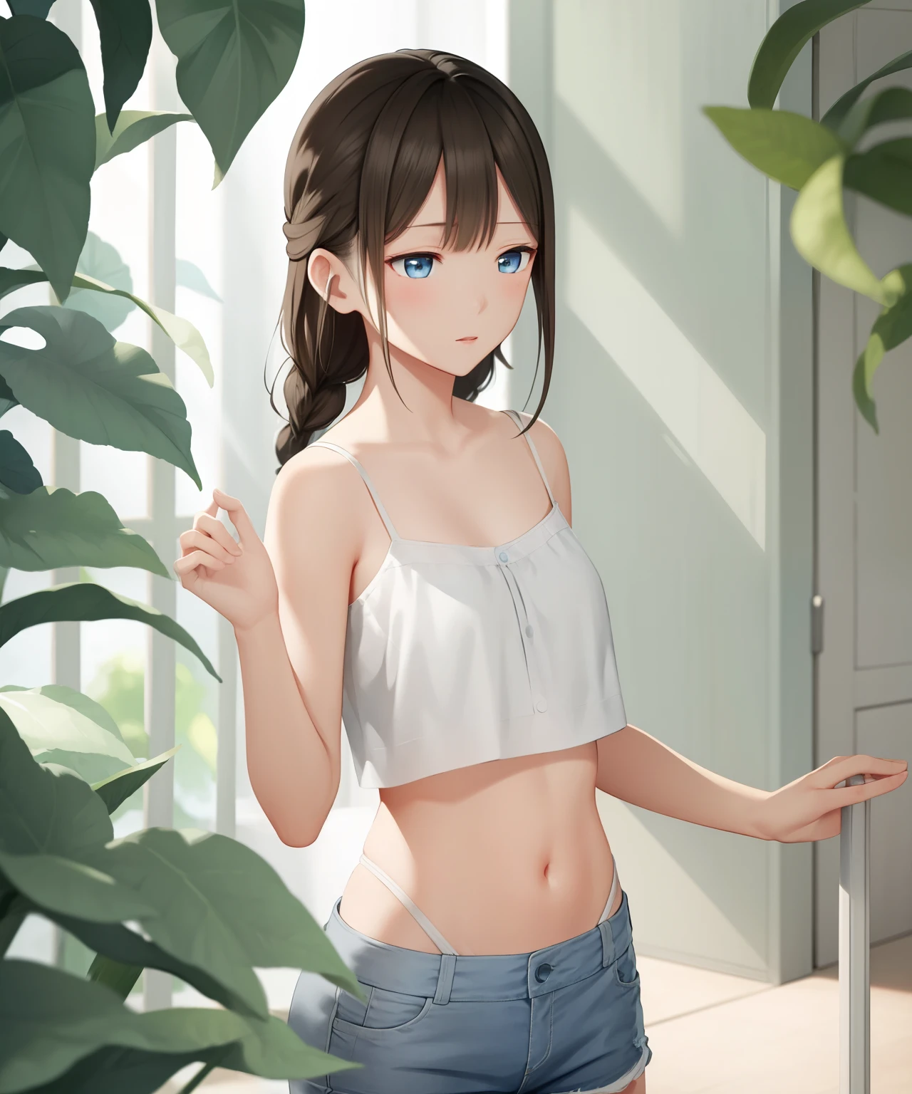 White background, Masterpiece, illustration, Dreamy, Depth of field,1girll,,The background is blurred out, Denim shorts, white short blouse, navel, Blue eyes, White background,  Single braid, Brown hair,, Masterpiece, illustration, Dreamy, Realistic, Intricate details, Studio photography, Cinematic light, color difference, primitive, 超高分辨率, filmgrain, High saturation, High brightness, Depth of field