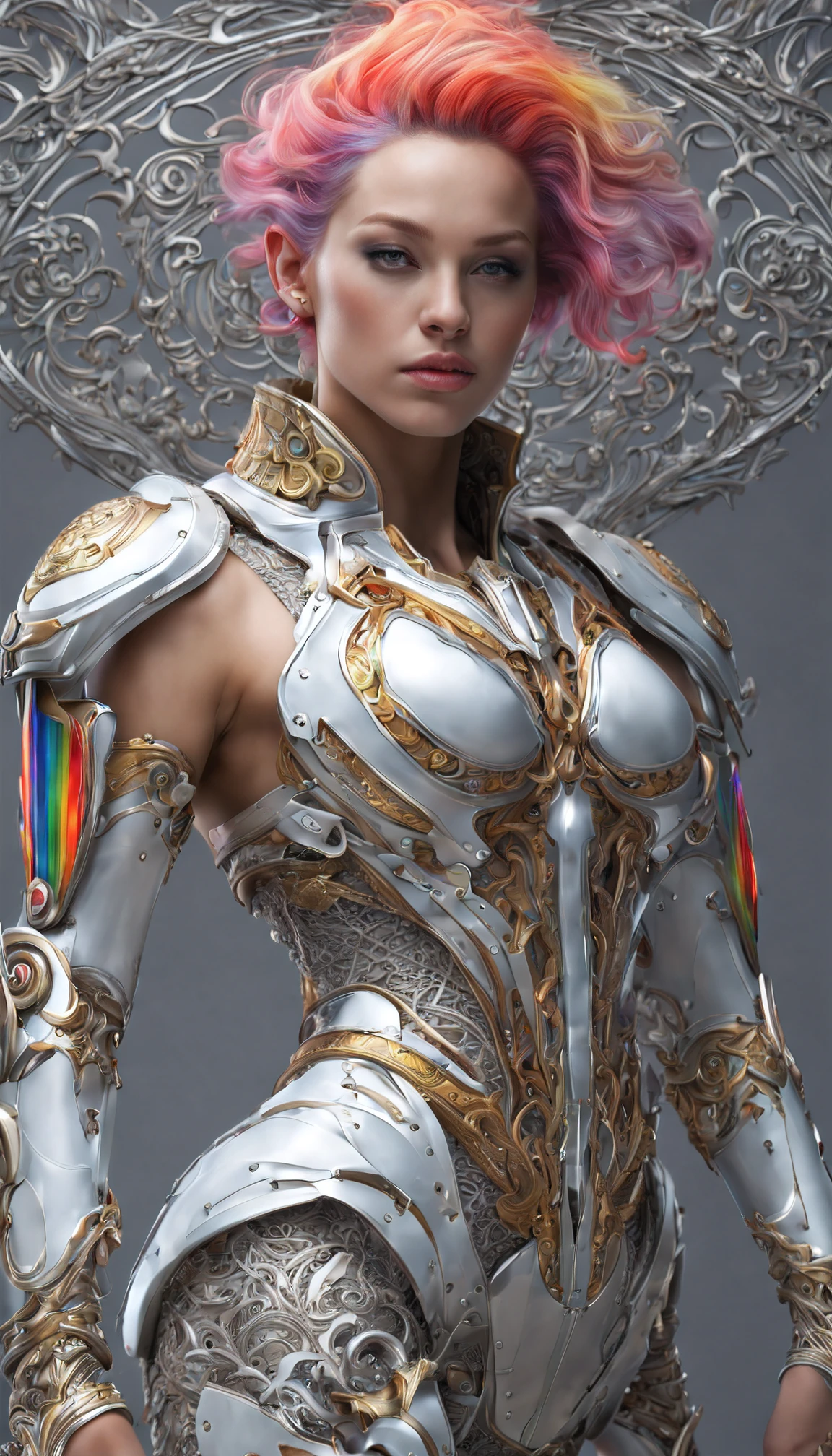 (((Top Quality: 1.4))),(Unparalleled Masterpiece),ultra high res,(Photorealsitic:1.4),surreal photography of a stunning beautiful cyborg female, (rainbow hair), huge breast, (beauty and detailed armor), embraced, delicate (white platinum) filigree, intricate filigree, glowing, navel, highly detailed, intricate detailed, face symmetry, masterpiece, award-winning, sharp focus, concept art, , octane render,(half body image from head to thigh:1.5)