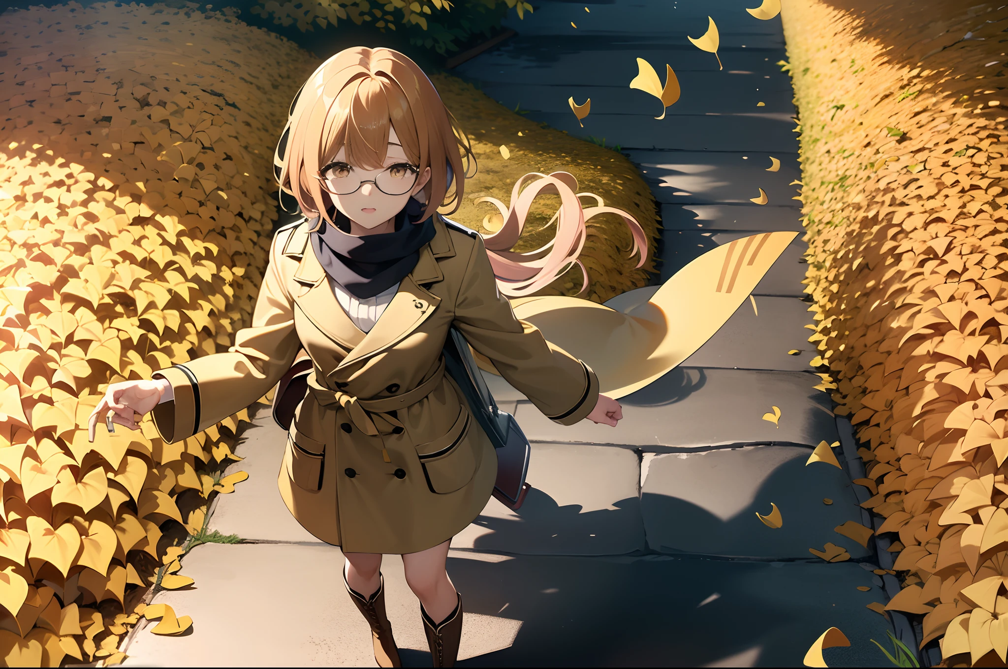 higuchi_madoka,masutepiece, Best Quality, Ultra-detailed, Illustration, 1girl in, Solo, Walking, Walkway lined with yellow-colored ginkgo trees,Yellow-colored gingko leaves fluttering in the wind,Looking up at the sky,Wearing a brown coat, long boots, Scarf wrapped around the neck,Epal look,eye glasses.from above,With his right hand, he holds back his hair that has fallen in the wind.