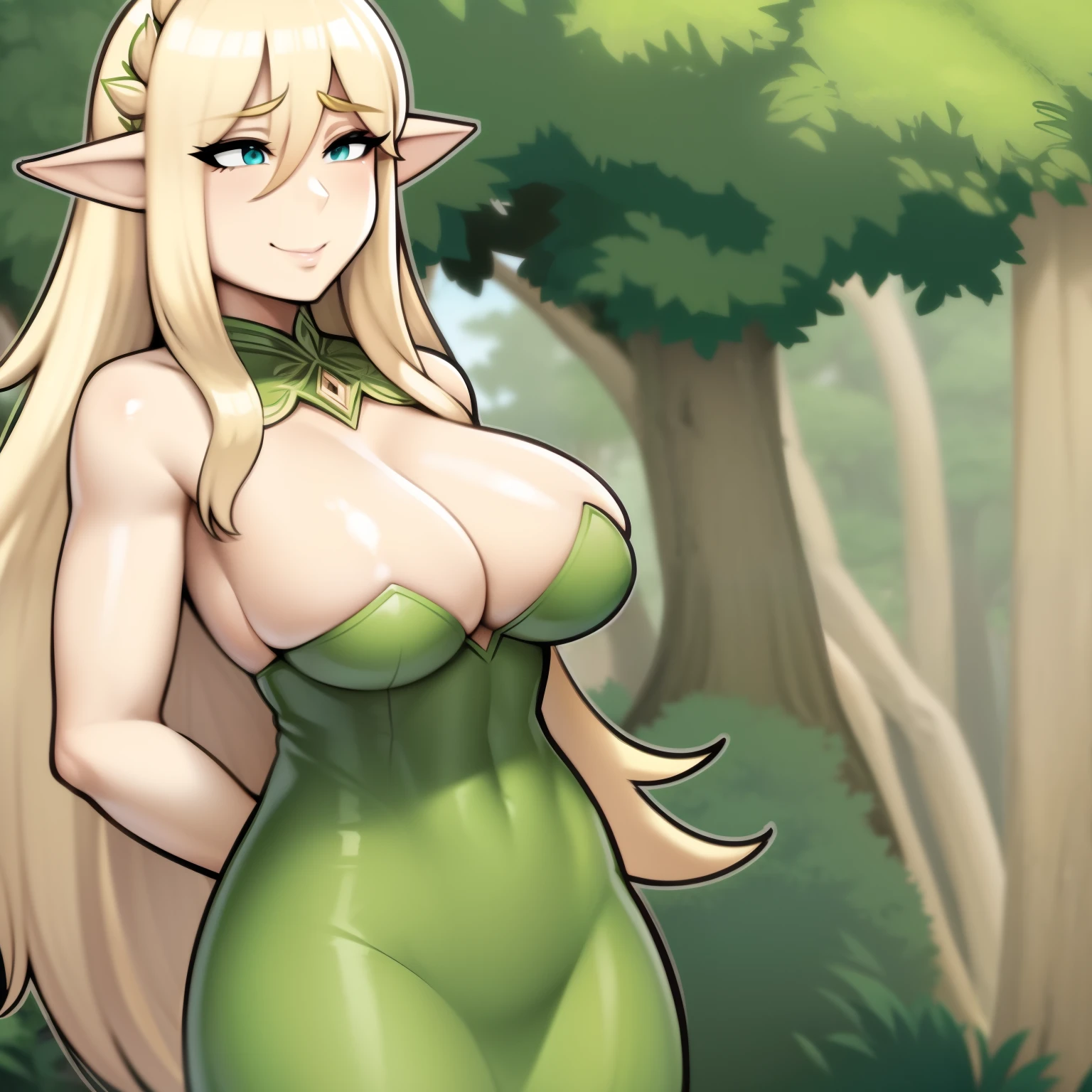 Solo girl, facing camera, long blonde hair, dresss, elf ears, outlined, goddess, in a Forrest, surrounded by nature