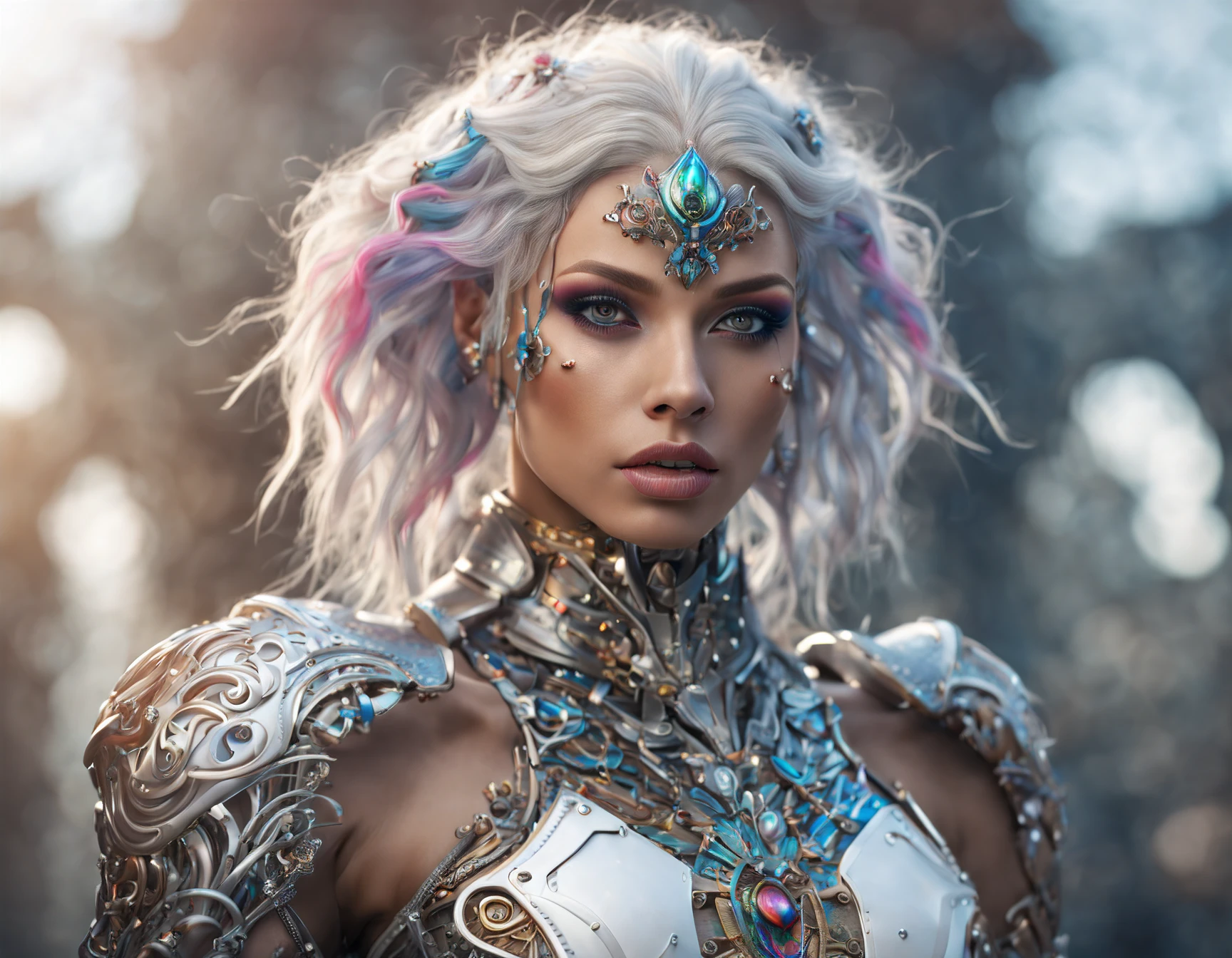 (((Top Quality: 1.4))),(Unparalleled Masterpiece),ultra high res,(Photorealsitic:1.4),surreal photography of a stunning beautiful cyborg female, rainbow hair, huge breast, (beauty and detailed armor), embraced, delicate (white platinum) filigree, intricate filigree, glowing, navel, highly detailed, intricate detailed, face symmetry, masterpiece, award-winning, sharp focus, concept art, , octane render,(half body image :1.5)