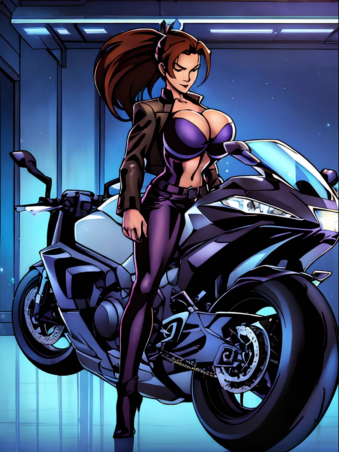 (masterpiece, top quality, best quality, official art, beautiful and aesthetic:1.2), (1girl:1.3), (gorgeous face), light freckles, fair skin, brown hair, extremely detailed, portrait, looking at viewer, solo, (full body:0.6), detailed background, close up, (airy modern theme:1.1), extremely busty but very slender motorcycle girl, ponytail, big lips, arched back, flexing, charlatan, smirk, mysterious, riding a street bike, motorcycle, sports bra, black jacket, leather pants, ((motorcycle helmet)), bullet bike, motorcycle, cyberpunk city street, well-lit, thin and toned physique, ((((gigantic breasts, cleavage, skindentation)))), slim waist, slim hips, long legs, modern (city exterior:1.1) background, dark mysterious lighting, shadows, magical atmosphere, dutch angle,