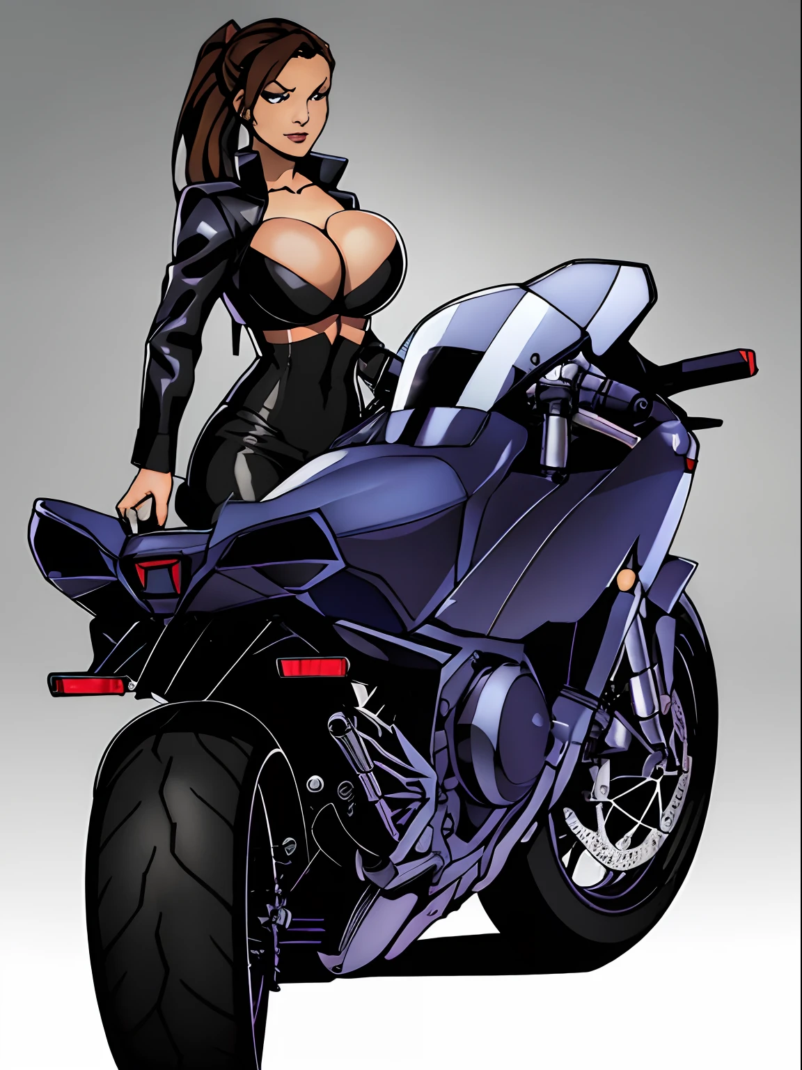 (masterpiece, top quality, best quality, official art, beautiful and aesthetic:1.2), (1girl:1.3), (gorgeous face), light freckles, fair skin, brown hair, extremely detailed, portrait, looking at viewer, solo, (full body:0.6), detailed background, close up, (airy modern theme:1.1), extremely busty but very slender motorcycle girl, ponytail, big lips, arched back, flexing, charlatan, smirk, mysterious, riding a street bike, motorcycle, sports bra, black jacket, leather pants, ((motorcycle helmet)), bullet bike, motorcycle, cyberpunk city street, well-lit, thin and toned physique, ((((gigantic breasts, cleavage, skindentation)))), slim waist, slim hips, long legs, modern (city exterior:1.1) background, dark mysterious lighting, shadows, magical atmosphere, dutch angle,