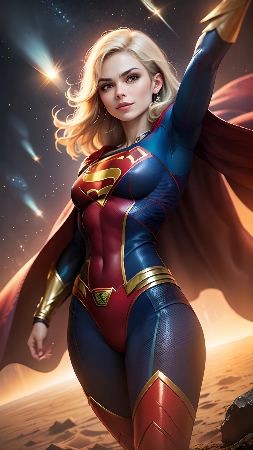 ((whole body view)), (SUPERGIRL is in outer space), (Lifting a large asteroid with your hands), (Complete DC Comics Superheroine), fora, highlights your muscles and scars. The scenery is lush and mysterious, com galaxias ao seu redor. The camera details everything. ((ela tem cabelo loiro, ela tem cabelo comprido)), (Ela tem um sorriso confiante, Pose heroica), ( His attitude is fearless), ( Ela tem uma personalidade arrogante).