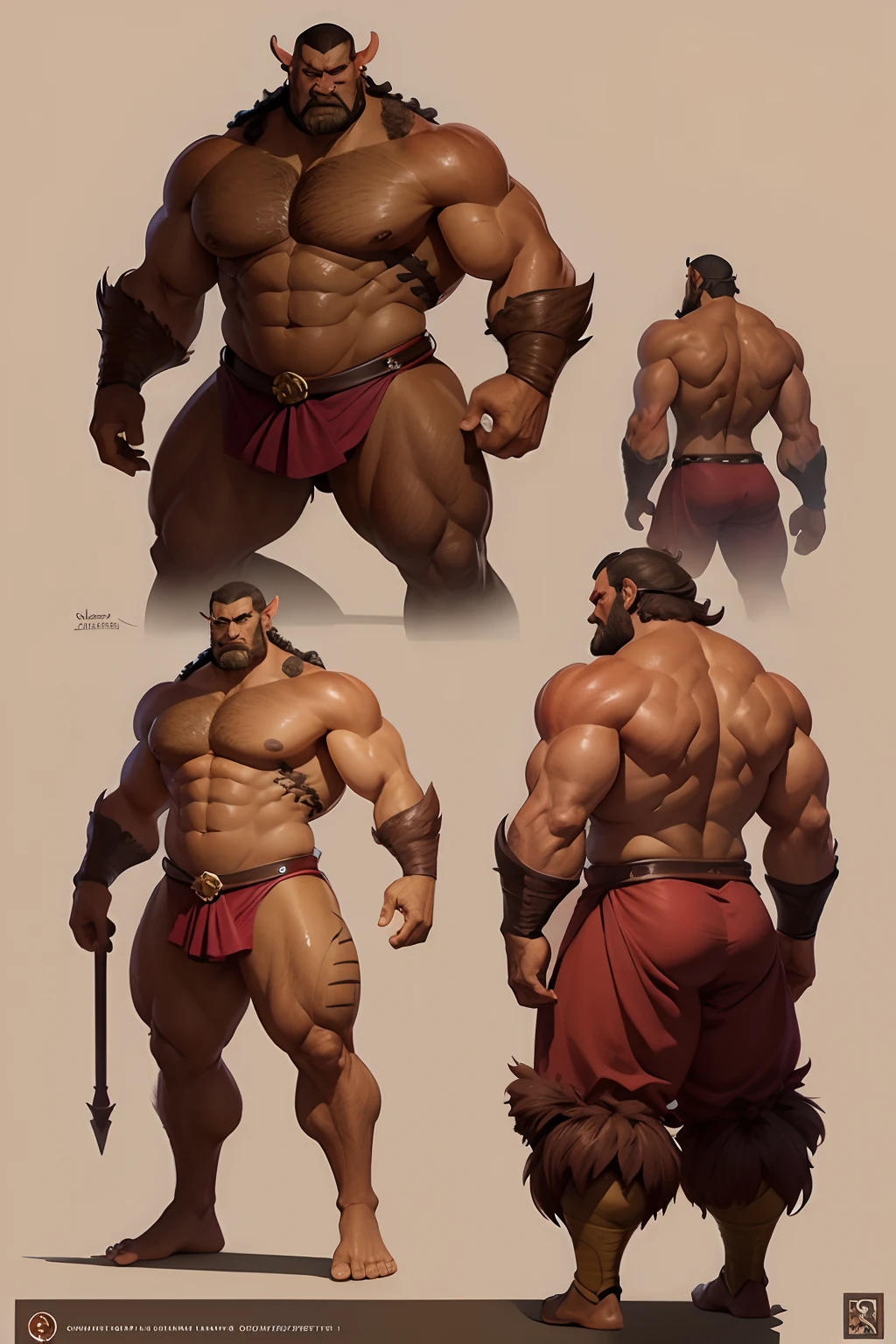 a red-skinned ogre concept sheet, full body, model sheet flip, full colors, two-thirds view, top image - front view, bottom image - rear view and side view