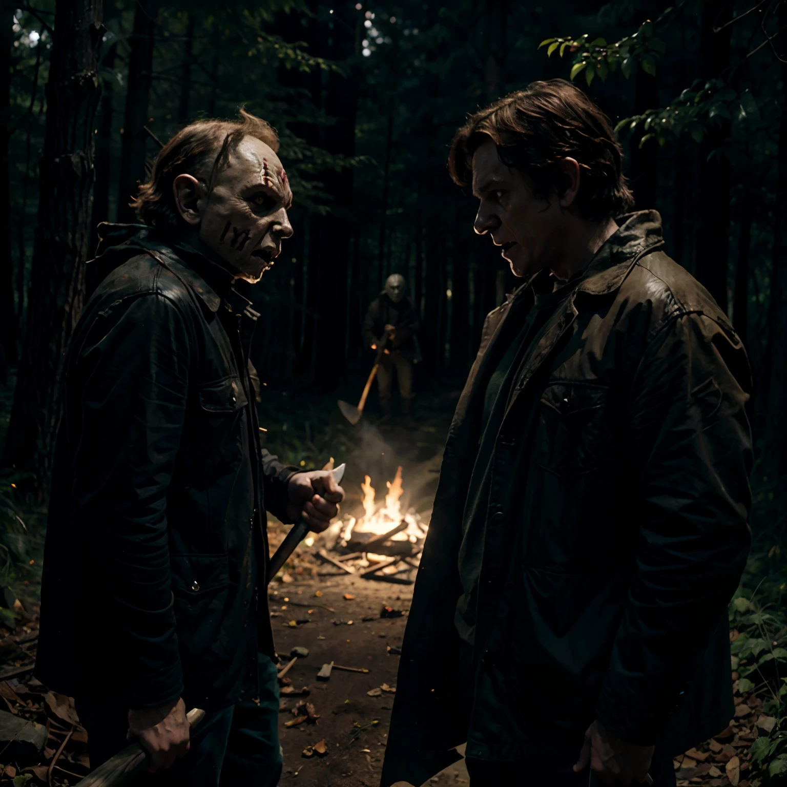 Michael Myers as a goblin with a shovel attacks Jason Voorhees as a goblin in the woods at night
