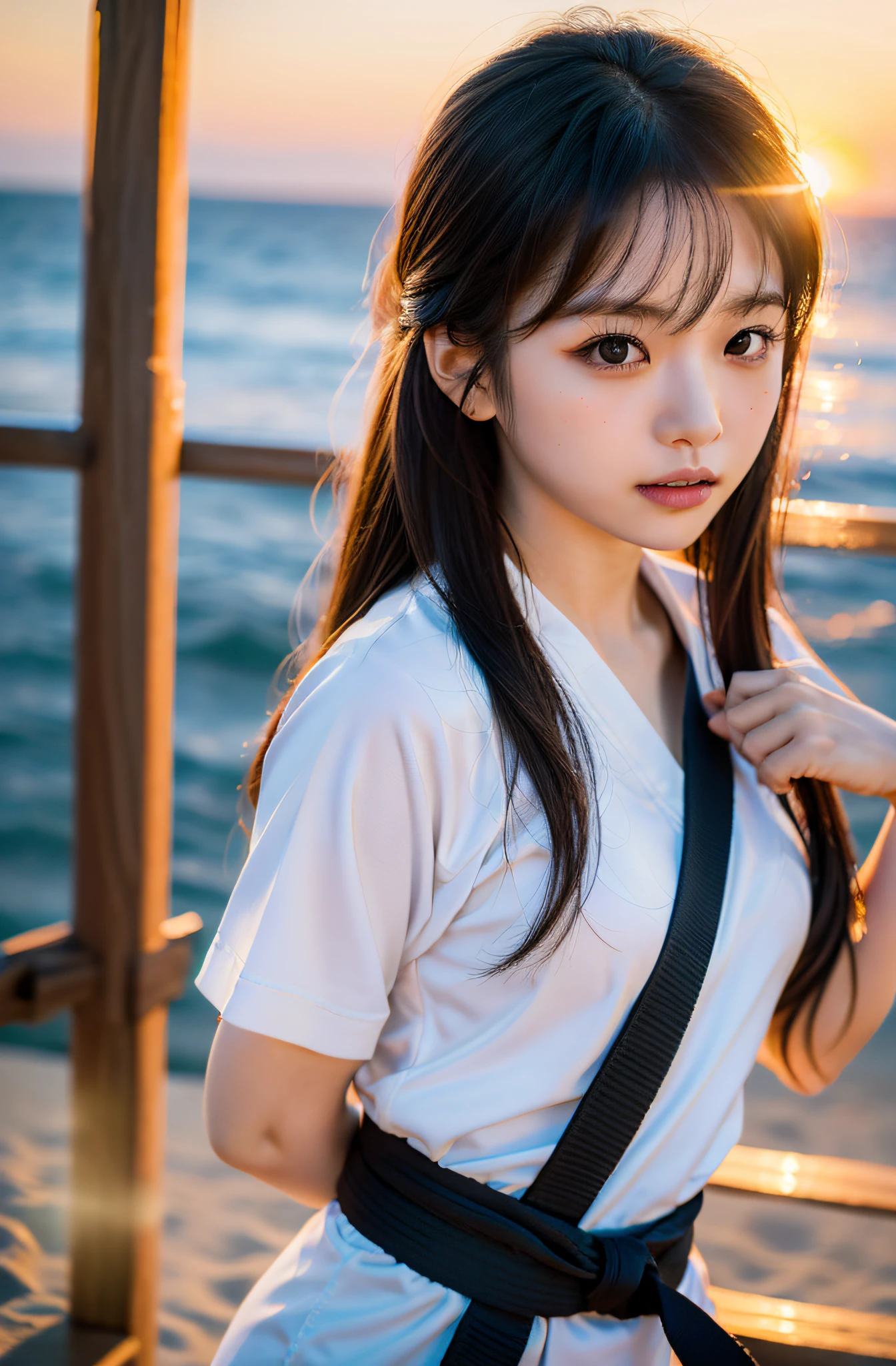 Content: Solo Idol, Eri Kamei from Morning Musume, Cosplay as a karate player on the beach. She wears a karate uniform (give) With black belt, Introduces basic karate moves and kata. In the background, There is a beautiful view of the sunset casting golden color on the ocean waves.
Medium: Photography.
Style: Ultra-realistic, Capture the essence of a calm evening training session.
Lighting: Natural light accentuated by the soft glow of the setting sun.
Colors: Combination of warm sunset tones and cool blue of the sea.
Composition: Shooting with the Canon EOS 5D Mark IV Digital SLR Camera, EF 50mm f/1.8 STM lens, Resolution 30.4 megapixels, ISO sensit: 100, Shutter Speed 1/125 sec, Focus on idols、Blur the background to emphasize depth of field.
--ar 16:9 - V5.1 --Style raw --Q 2 --S 750