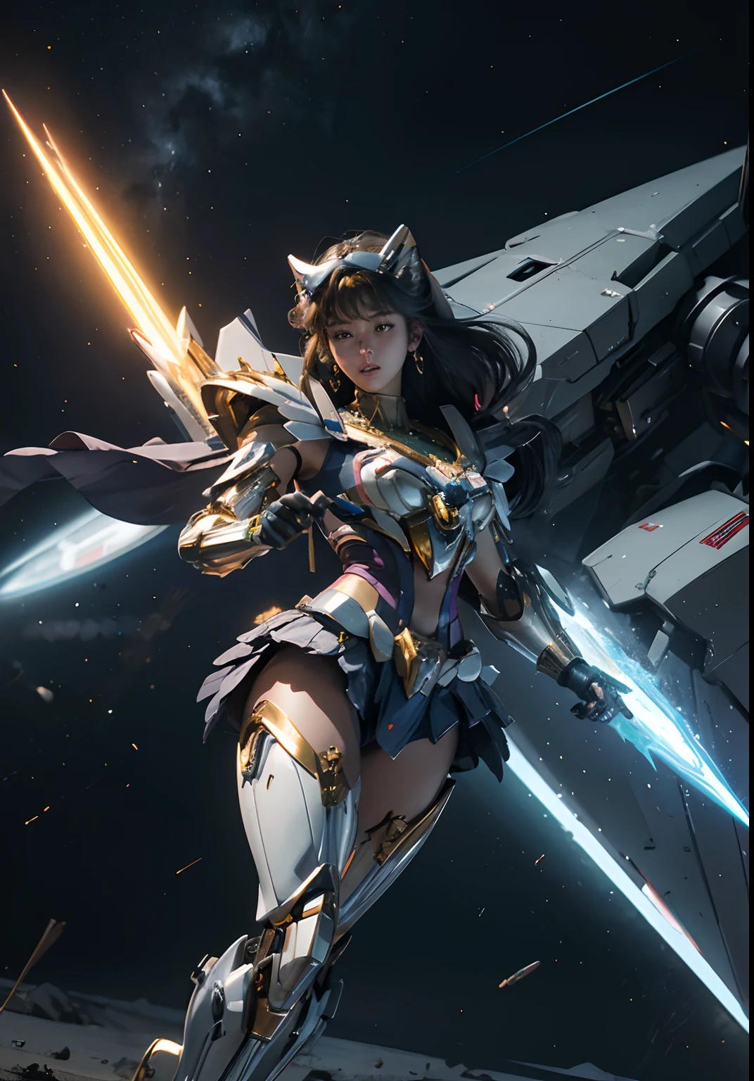 Textured skin, Super Detail, high details, High quality, Best Quality, hight resolution, 1080p, hard disk, Beautiful,(Gundam),(sailormoon),beautiful cyborg woman,Mecha Cyborg Girl,Battle Mode,Girl with a Mecha Body,She wears a futuristic Gundam mecha,Fulll body Shot