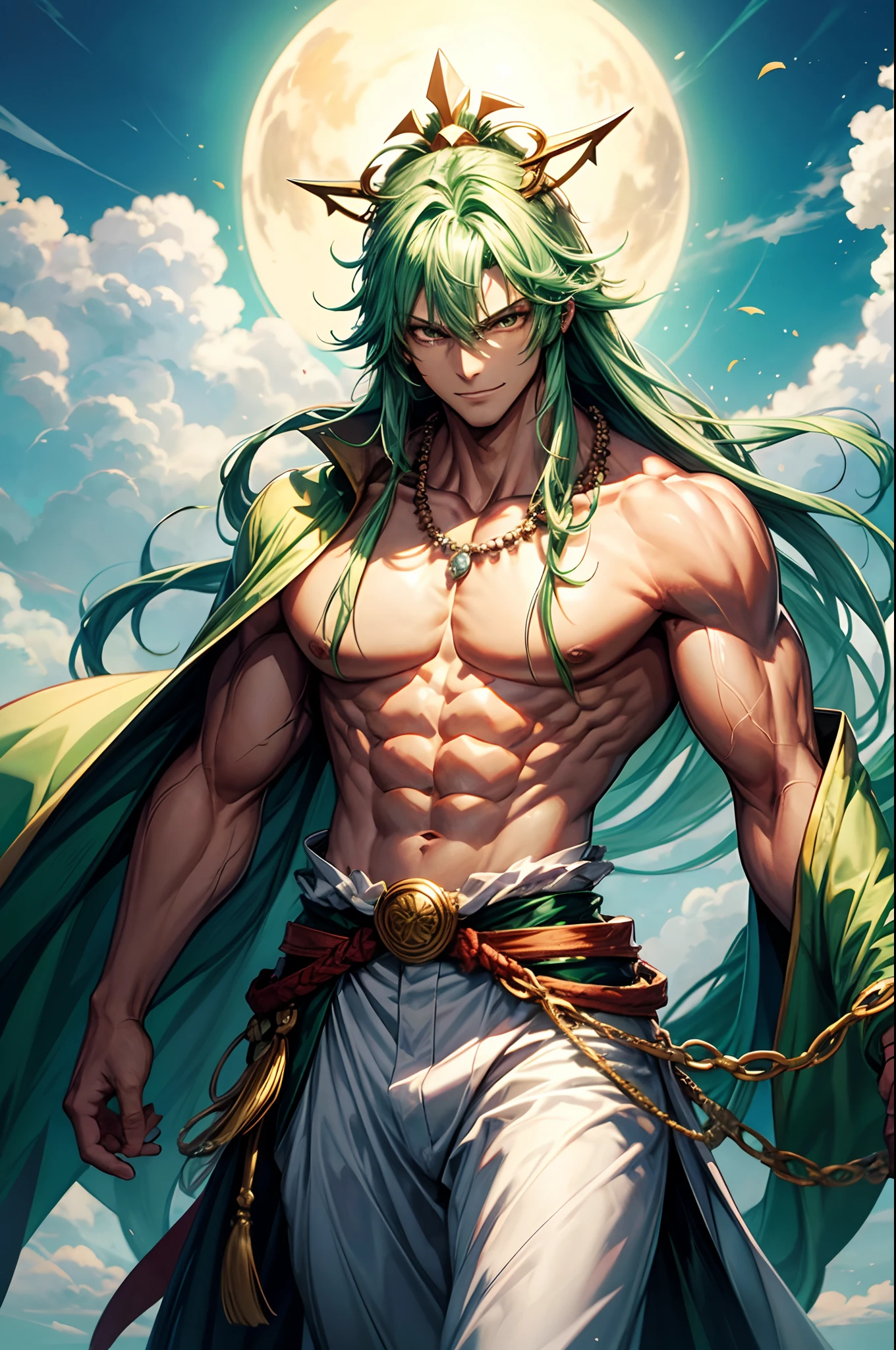 Anime,((obra prima)),((cabelos brancos)),colar em forma de lua na cor azul,((olhos verdes))