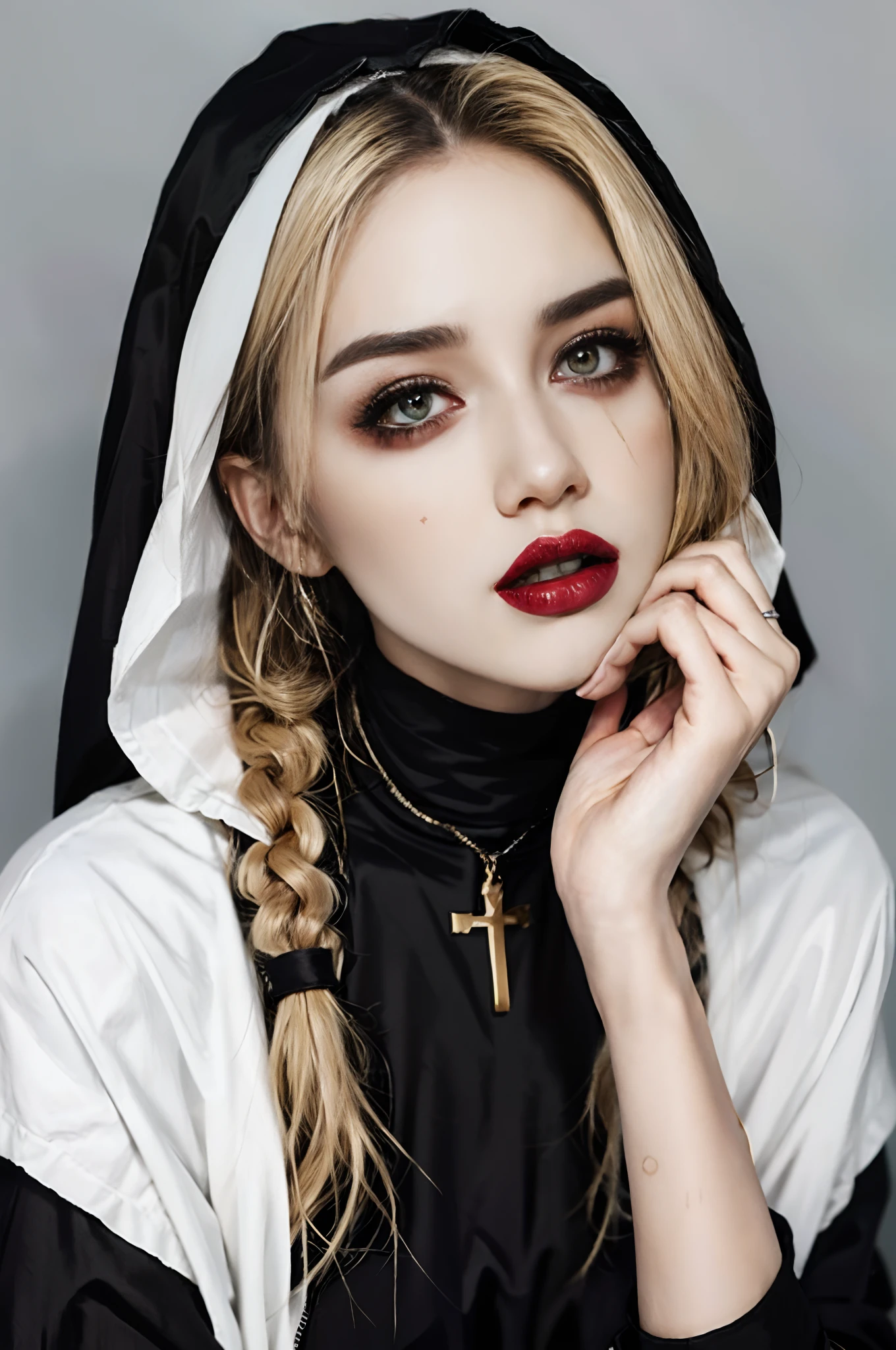 a 30 yo woman，（high-top fade：1.3），long whitr hair，dark themes，soothing tones，pastel colour，hight contrast，（Natural skin texture，ultra-realistic realism，the soft light，Sharp），lewd nun，full bodyesbian,black lip