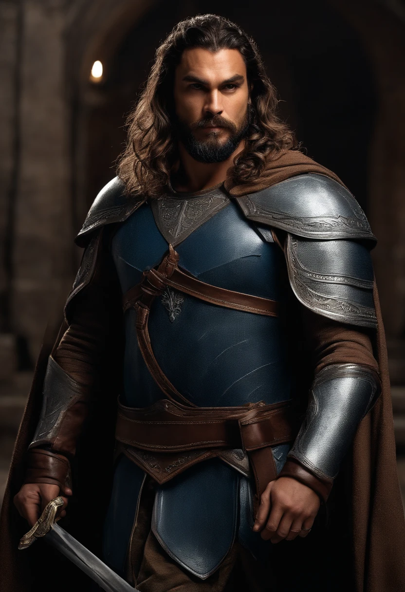 omem ator Jason Mamoa, with a beard and sharp brown eyes, Very strong athletic body, foto de corpo inteiro, sozinho, ((homem Elfo de 36 anos)), (((olhos castanhos detalhados ultra realistas))), detalhes intrincados de um homem com olhos castanhos, sorrir, wearing shiny silver medieval steel armor, hero pose, as a paladin of the RPG Dungeon and Dragons Oath of Glory, ultra textura de pele, ((Detalhes do rosto, Blue armor and cape with navy blue tunic)), skin imperfections, detalhes intrincados, (standingn ), cabelo  marrom escuro com rabo de cavalo, nevoeiro, volumeric lighting , ((faixas de luz no rosto)), cabelo bronze, sombras escuras, visualmente interessante, Ultra realismo.