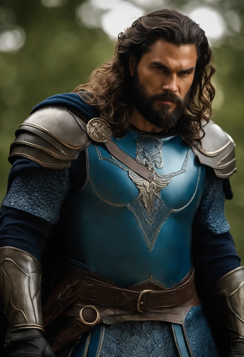 omem ator Jason Mamoa, with a beard and sharp brown eyes, Very strong athletic body, foto de corpo inteiro, sozinho, ((homem Elfo de 36 anos)), (((olhos castanhos detalhados ultra realistas))), detalhes intrincados de um homem com olhos castanhos, sorrir, wearing shiny silver medieval steel armor, hero pose, as a paladin of the RPG Dungeon and Dragons Oath of Glory, ultra textura de pele, ((Detalhes do rosto, Blue armor and cape with navy blue tunic)), skin imperfections, detalhes intrincados, (standingn ), cabelo  marrom escuro com rabo de cavalo, nevoeiro, volumeric lighting , ((faixas de luz no rosto)), cabelo bronze, sombras escuras, visualmente interessante, Ultra realismo.