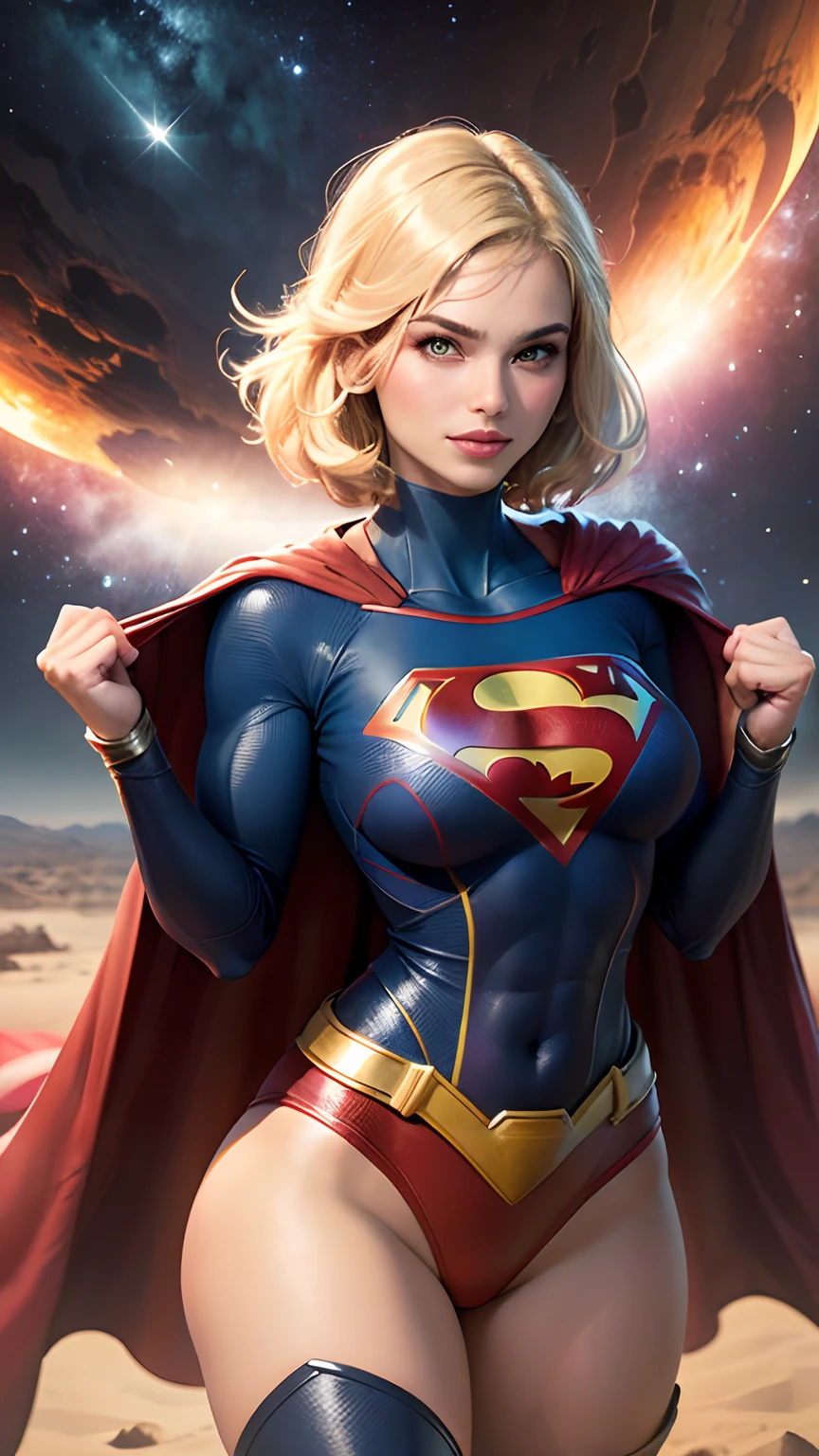 ((whole body view)), (SUPERGIRL is in outer space), (Lifting a large asteroid with your hands), (Complete DC Comics Superheroine), fora, highlights your muscles and scars. The scenery is lush and mysterious, com galaxias ao seu redor. The camera details everything. ((ela tem cabelo loiro, ela tem cabelo comprido)), (Ela tem um sorriso confiante, Pose heroica), ( His attitude is fearless), ( Ela tem uma personalidade arrogante).