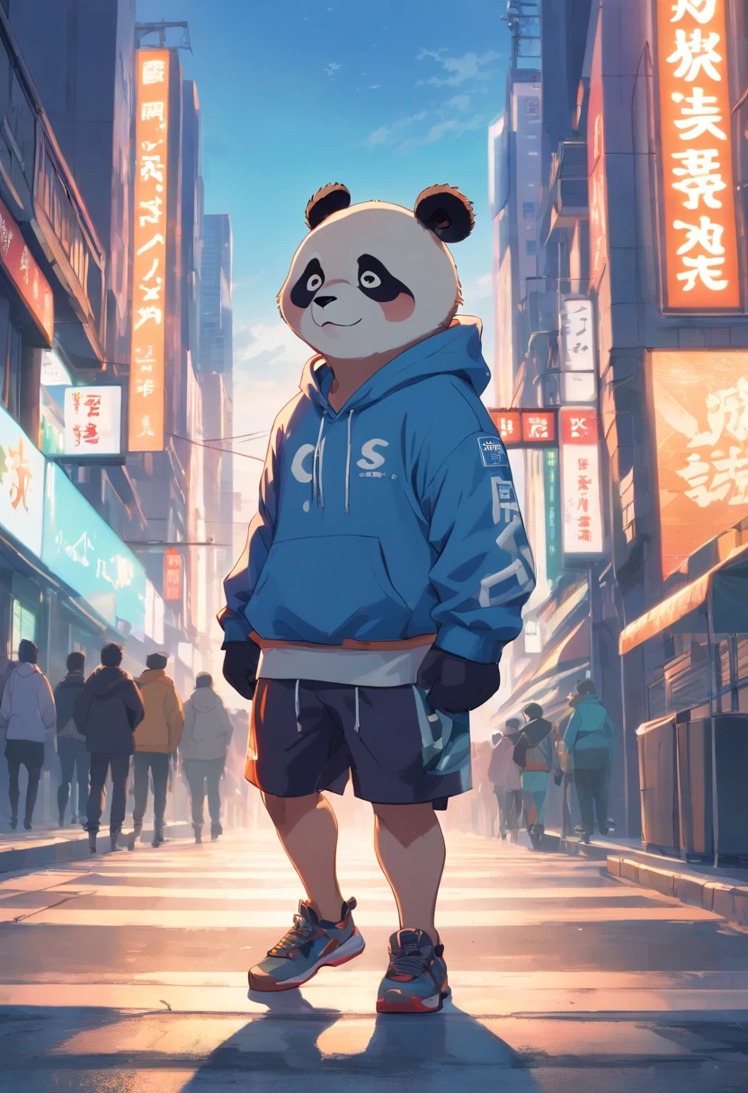 ((foto crua)), ((obra-prima)), Anthropomorphic humanoid panda wearing (((roupas de streetwear))), caminhando furiosamente entre as pessoas, detalhe intrincado, intricate Greebles pieces, city behind, corpo musculoso, (((large muscles))), muscular arms, (small head), Ogro monstruoso, Titan soft lighting, Hiper realista, soft-lighting, Ambiente sinistro