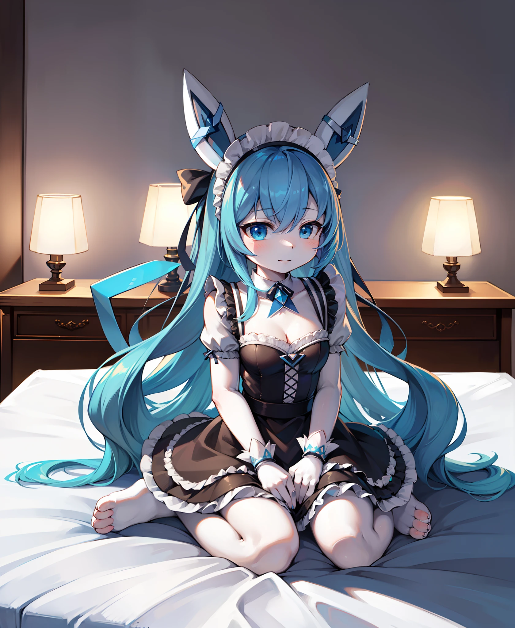 Masterpiece, high quality portrait, 16k, Furry,solo person,(((Glaceon))),Maid dres,Fox, cub, bit girl,skin_Fang, Double reference, warm lights,Japanese-style kneeling sitting,onbed,Bedrooms, Full shot,author:Sumi Kuroi, Yupa,Kiyosan