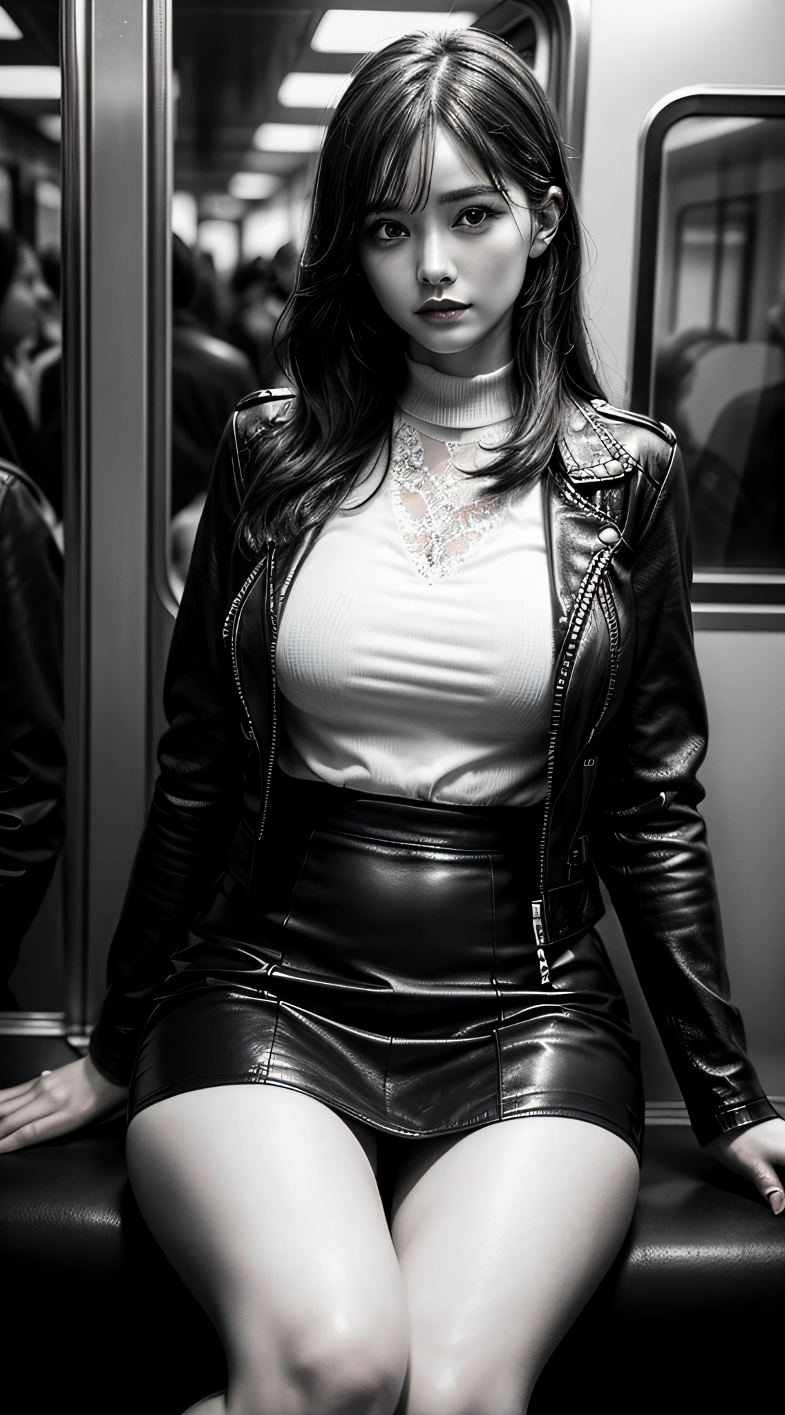 1 beautiful woman, big body, red lips, short hair, wavy hair, black hair, made up eyelids, leather outfit, leather pants, high leather boots, black clothes, cleavage, belt, sleeping sitting on the bus, mouth open , Closed eyes