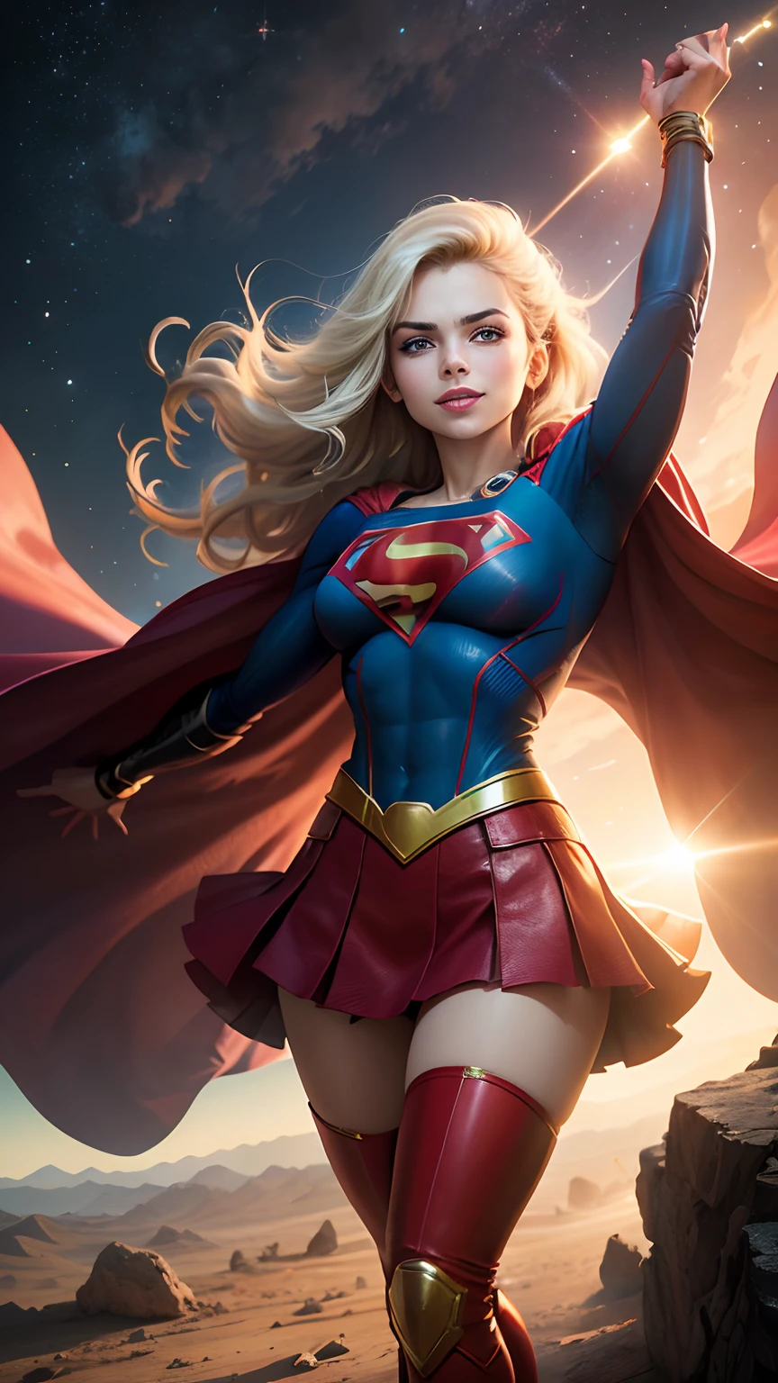 Supergirl in action pose, flying in the space, planet's in the background, perfect costume, extremely big upturned buttock, back angle view, extremely blond hair, smooth curves, red cape, extremely beautiful blue eyes, beautiful smile 