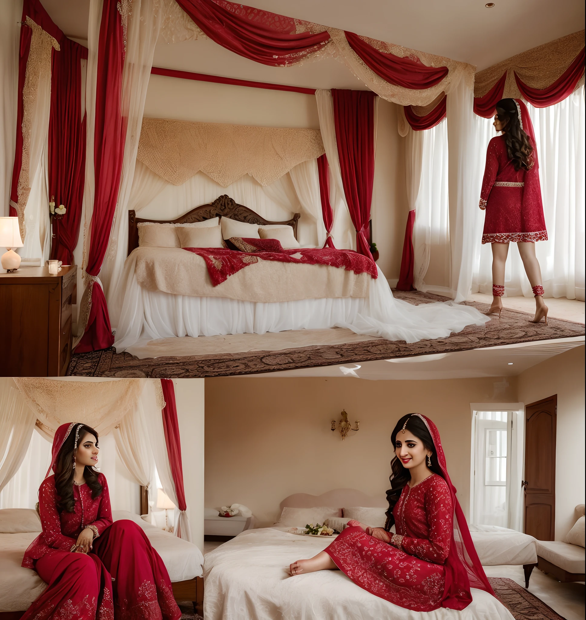 bride , realistic, Pakistani style , decorative room , red dress , sitting on bed