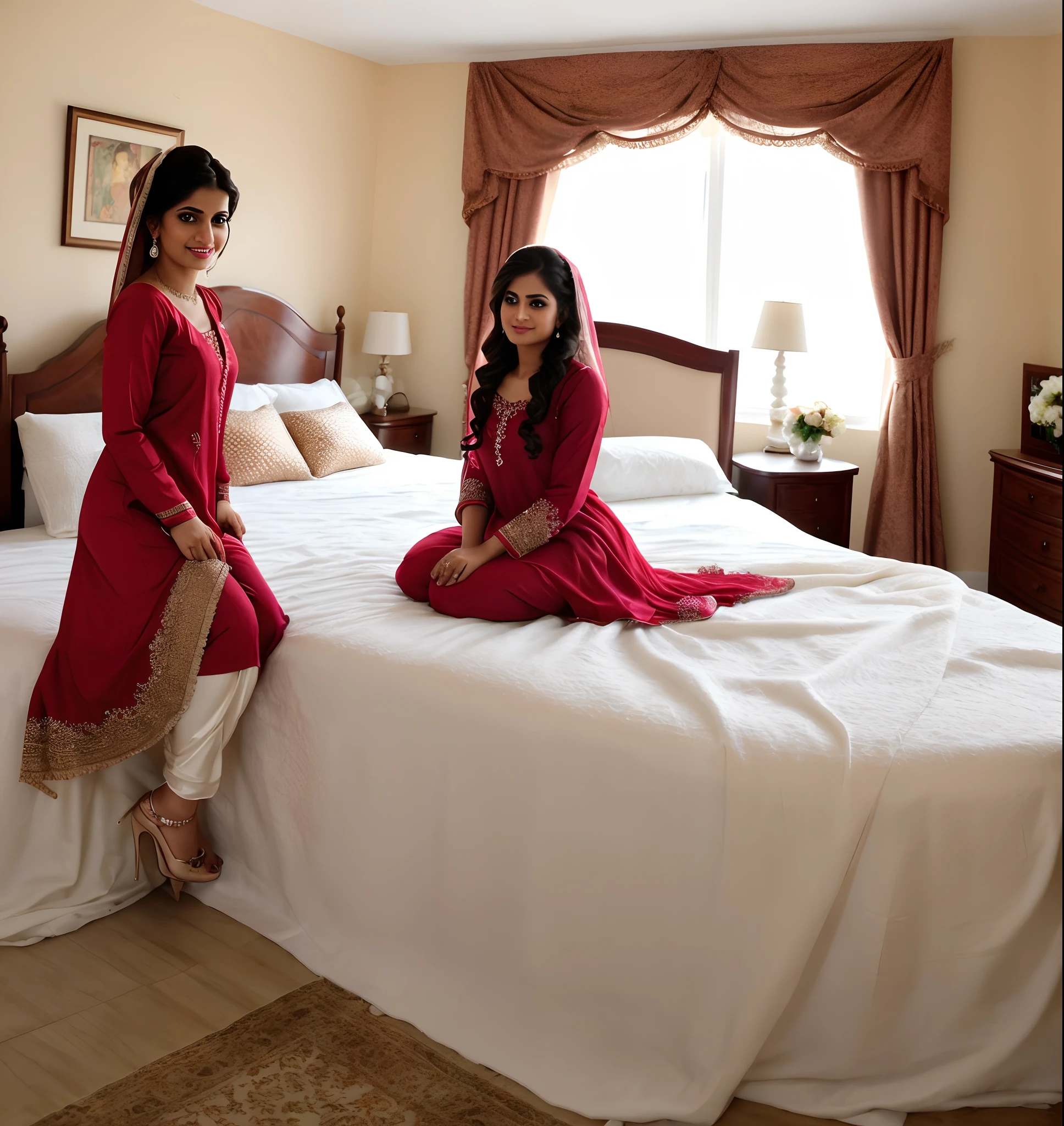 bride , realistic, Pakistani style , decorative room , red dress , sitting on bed