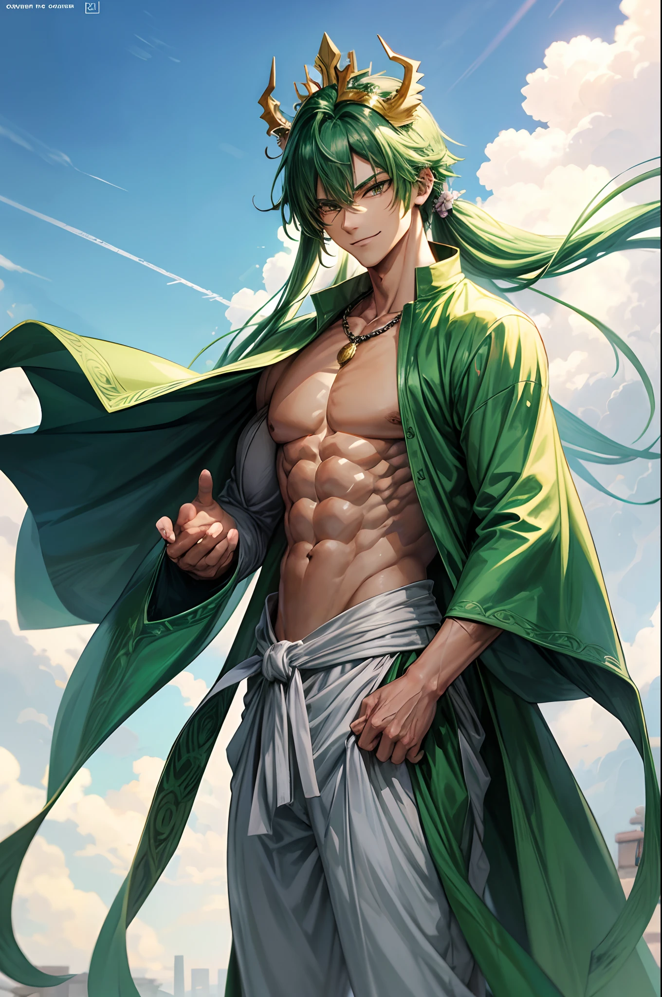 green hair, scarred, monstrous smile, flamboyant, confident, Fujin, Futen, wind god, monster, muscular male, muscular man, toji fushigoro, fushigoro toji, powerful, standing on clouds, wearing a long white and green robe, golden crown, open shirt, slim muscular, powerful, long hair, slim, petite, slim, cute, flower necklace, simplistic anime style, submissive and breedable, not bulky, surrounded by beautiful women