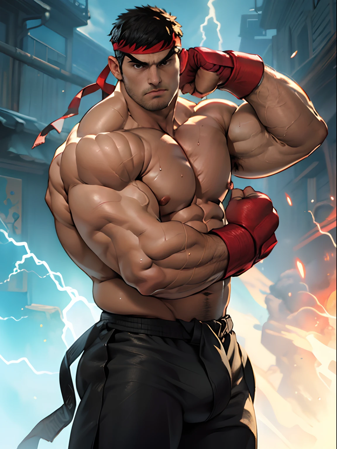 3D Photorealistic, Masterpiece realistic, best high quality, perfect details, RAW Photo, intricate details, nice lighting, 4K, detailed background, (excessive huge muscle:1.6), (huge buff muscle:1.4), (veiny muscle:1.2), ryu from street fighter, fighter, 50 years old,  lightning eye, well built abs, muscular , nipple, sweat, steam, red glove, posing, (look at viewer:1.2), huge bulge, fighting pose