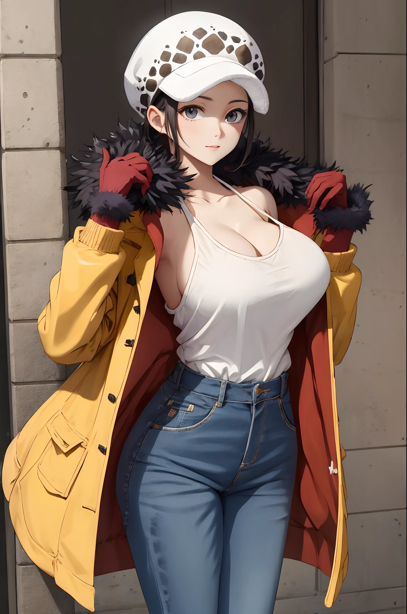 tmasterpiece，Best quality at best，8K，Large breasts，cleavage，
femele， 独奏，White cap， looking at viewert， short detailed hair，big cleavage breasts， bucket-hat， nabel， halter，Black hair， 鎖骨， 耳Nipple Ring， short detailed hair，hason， trouser，Manteau， fur-trim，  denim pant， Fur decorative coat， coat on shoulders，