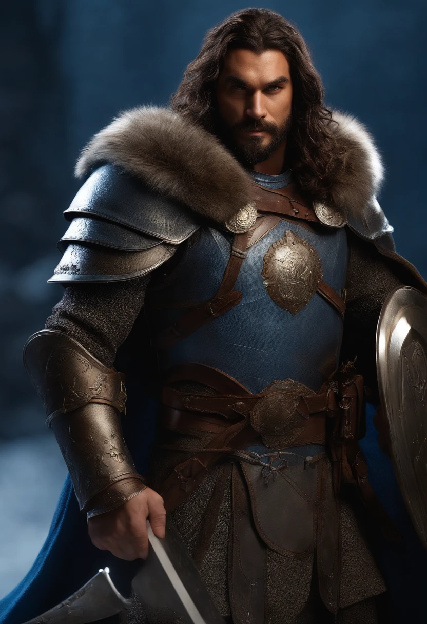 homem ator Jason Mamoa, with a beard and sharp brown eyes, corpo musculoso muito forte, foto de corpo inteiro, sozinho, ((homem Elfo de 36 anos)), (((olhos castanhos detalhados ultra realistas))), detalhes intrincados de um homem com olhos castanhos, sorrir, wearing shiny silver medieval steel armor, hero pose, as a paladin of the RPG Dungeon and Dragons Oath of Glory, ultra textura de pele, ((Detalhes do rosto, Blue armor and cape with navy blue tunic)), skin imperfections, detalhes intrincados, (standingn ), cabelo marrom escuro com rabo de cavalo, nevoeiro, volumeric lighting , ((faixas de luz no rosto)), cabelo bronze, sombras escuras, visualmente interessante, Ultra realismo.