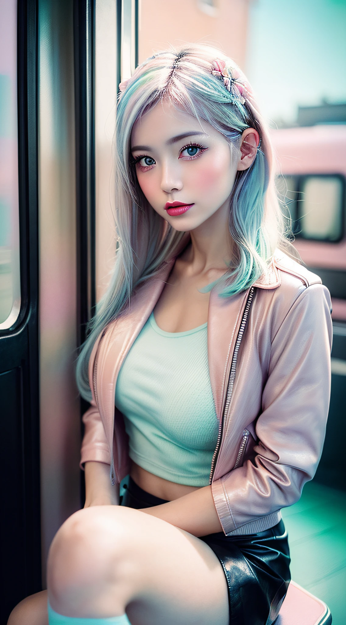 1girl, Beautiful, Amazing face and eyes, makeup, red gloss lips, (extremely detailed beautiful face), (sexiest look), (Beautiful big breasts), (leather jacket, Tight Skirt, knee high:1.2), (Best Quality:1.4), (Ultra-detailed), (extremely detailed CG unified 8k wallpaper), Highly detailed, RAW Photos, Professional Photography, crowded train, Sitting, (Spread your legs), (sheer lace panties), Scenery like a scene from a movie, (pastel color photography:1.7)