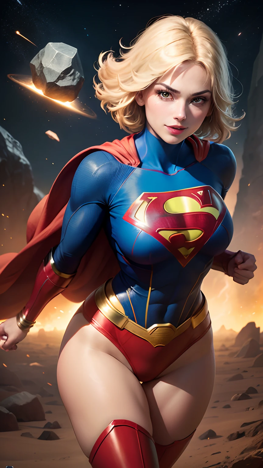 ((whole body view)), (SUPERGIRL is in outer space), (Lifting a large asteroid with your hands), (Complete DC Comics Superheroine), fora, highlights your muscles and scars. The scenery is lush and mysterious, com galaxias ao seu redor. The camera details everything. ((ela tem cabelo loiro, ela tem cabelo comprido)), (Ela tem um sorriso confiante, Pose heroica), ( His attitude is fearless), ( Ela tem uma personalidade arrogante). She's super sexy )