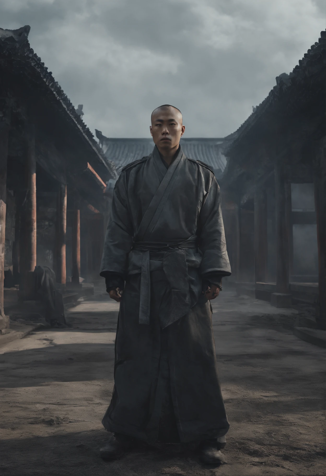Monge lutador sem cabelo, desferindo chute no ar, Typical Chinese monk clothes, Close Camera, hiperrealismo. 4k, cinemactic