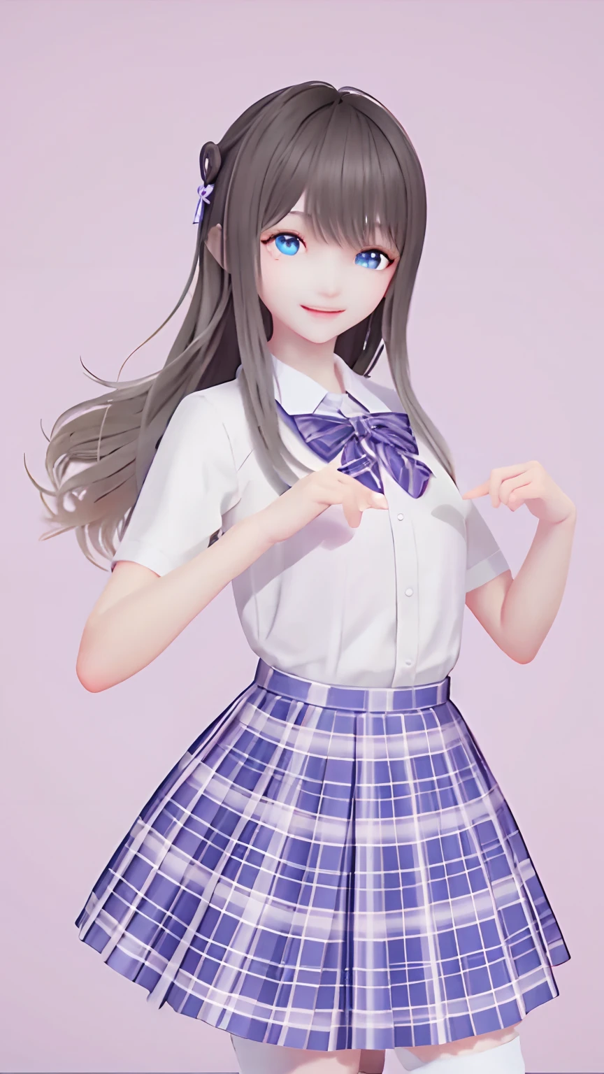 Masterpiece,Best quality,1girll, Blue_Eyes, Cowboy shot, Long_Hair, Looking_at_peeping at the viewer, tartan_Skirt, pleated_Skirt, school_uniform, shirt, short_Sleeves, Skirt, Smile, Solo,