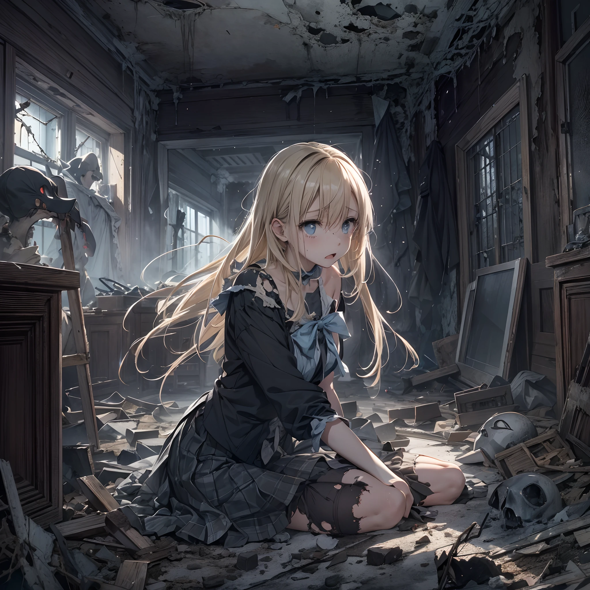 masutepiece,finely detail,8K,独奏、(Haunted spot),(Midnight 1.1),Ruins,(A black shadow stands behind),(poltergeist:1.1)Crumbled room,horror atmosphere,short twin-tailed blonde hair,Frightened look,Tears,tatteredclothing、Tattered skirt、lamentation、