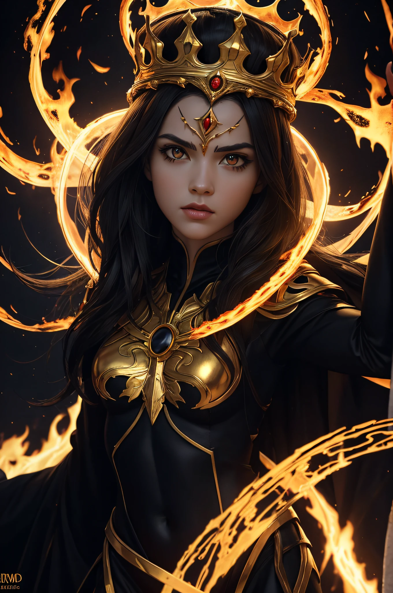 [Stoik Hyper TaskMaster White and Black Flamed Spider-Woman Realism Still Shot] Perfect Symmetry, centered,  A ((Floating)) above a heavenly beings head, ultra-realistic, heavenly golden crown of ((Holy Fire))  [Glory] burning in a consuming fire, infinite dark atmosphere studio, f/2.1 mm lense realistic-Photography