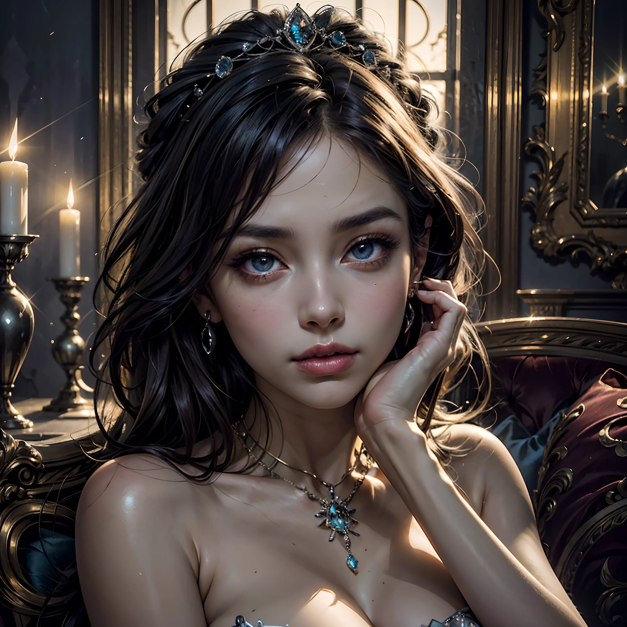 best quality, highres,masterpiece:1.2,ultra-detailed,realistic:1.37,dark,night,haunting atmosphere,sinister lighting,ethereal,princess,corrupted,castle,mountain,mystery,dark magic,destruction,kingdom,loneliness,drama,fantasy,regal,luxurious,decadent,enchanted,forgotten beauty,ruins,dark shadows,broken dreams,misery,intrigue,enchanted garden,wilted flowers,whispers of the past, tiara, the outfit is made of very thin and soft velvet, decorated with a lot of diamond stones. It also has transparent silk inserts that allows you to see your completely naked breasts and pubis, high-res, ultra-detailed, professional, futuristic atmosphere, vibrant colors, dynamic lighting, ultra-fantazy graphics, very high resolution, (beautiful ), nsfw, all detailed, ultra detailed artistic photography, gorgeous face, hyperdetailed, photorealistic, digital painting, digital illustration, extreme detail, digital art, photorealistic, unreal engine, 32k, (best quality,4k,8k,highres,masterpiece:1.2),ultra-detailed,(realistic,photorealistic,photo-realistic:1.37),beautiful detailed eyes,beautiful detailed lips,extremely detailed eyes and face,longeyelashes,sparkling magical glow from the eyes,ethereal and enchanting atmosphere,soft glowing light,subtle and mesmerizing look,magical aura,mystical ambiance,glistening irises,dreamy expression,faintly radiant eyelids,translucent and radiant complexion,enchanted beauty,iridescent glowing irises,bewitching gaze,enchanting countenance,fairytale-like setting,soft golden glow,captivating sorcery,reflective pools of light in the pupils,colorful enchantment,candlelight-like radiance,ethereal and luminous features,charmingly vibrant colors,spellbinding allure,illuminated presence,serene and magical ambiance,shimmering magical particles,ethereal glow,transcendent illumination,evocative and mysterious charm,otherworldly charm,hypnotic and radiant look,whimsical and beguiling appearance,luminous and captivating eyes,spellbinding and ethereal beauty