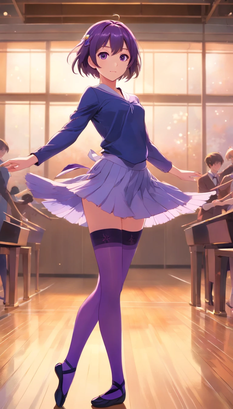 best qualtiy, tmasterpiece, 超高分辨率, realisticlying, 1 girl,Gorgeous Hair in Long Purple,Heterochromic pupils,Long legs,Black collar,(Ballet set)Full-figured,Purple stockings,Dance ballet,Practice room,wide angles