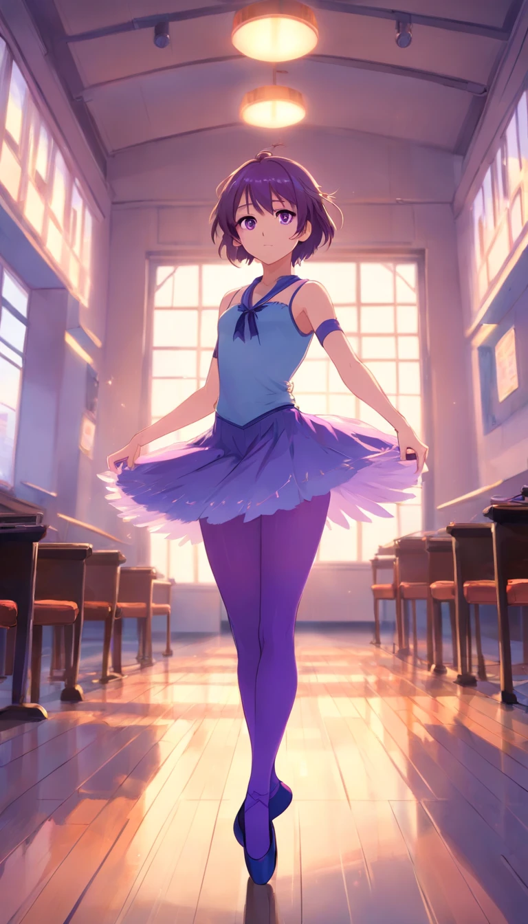 melhor qualidade, tmasterpiece, ultrahigh-resolution, realista, 1 girl,longos cabelos vermelho ruivo,olhos castanhos escuro,pernas longas,(Ballet Set)prumo,Meias de tubo roxo claro,Sapatos de placa de cor clara,dance ballet,practice room,Wide angles,cabelo ruivo,olhos castanhos escuro pele clara