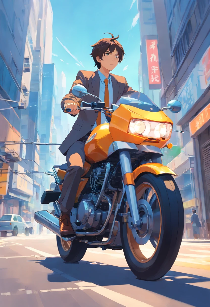 Two-dimensional painting style,Man in suit riding motorcycle,Positive lateral angle