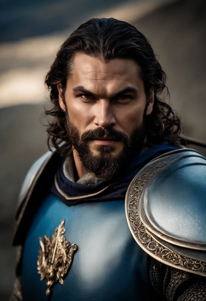 homem ator Jason Mamoa, with a beard and sharp brown eyes, corpo musculoso extremamente forte, foto de corpo inteiro, sozinho, ((homem Elfo de 36 anos)), (((olhos castanhos detalhados ultra realistas))), detalhes intrincados de um homem com olhos castanhos, sorrir, wearing shiny silver medieval steel armor, hero pose, as a paladin of the RPG Dungeon and Dragons Oath of Glory, ultra textura de pele, ((Detalhes do rosto, Blue armor and cape with navy blue tunic)), skin imperfections, detalhes intrincados, (standingn ), cabelo marrom escuro com rabo de cavalo, nevoeiro, volumeric lighting , ((faixas de luz no rosto)), cabelo bronze, sombras escuras, visualmente interessante, Ultra realismo.